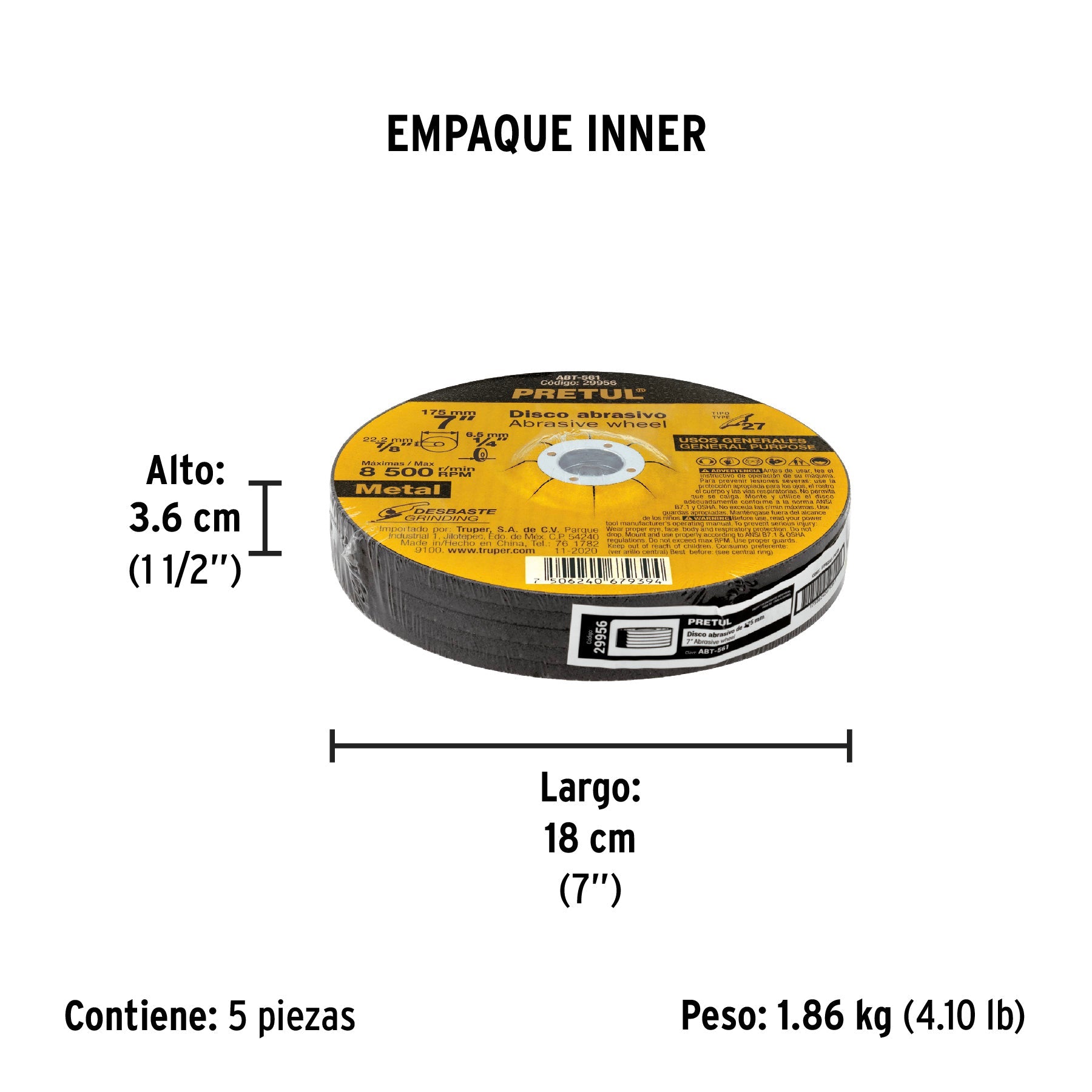 Disco Tipo 27 de 7" x 6.2 mm desbaste de metal, PRETUL - Empaque