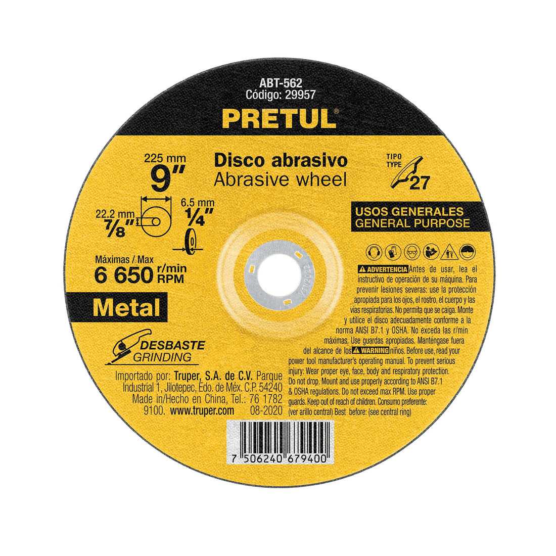 Disco Tipo 27 de 9" x 6.2 mm desbaste de metal, PRETUL