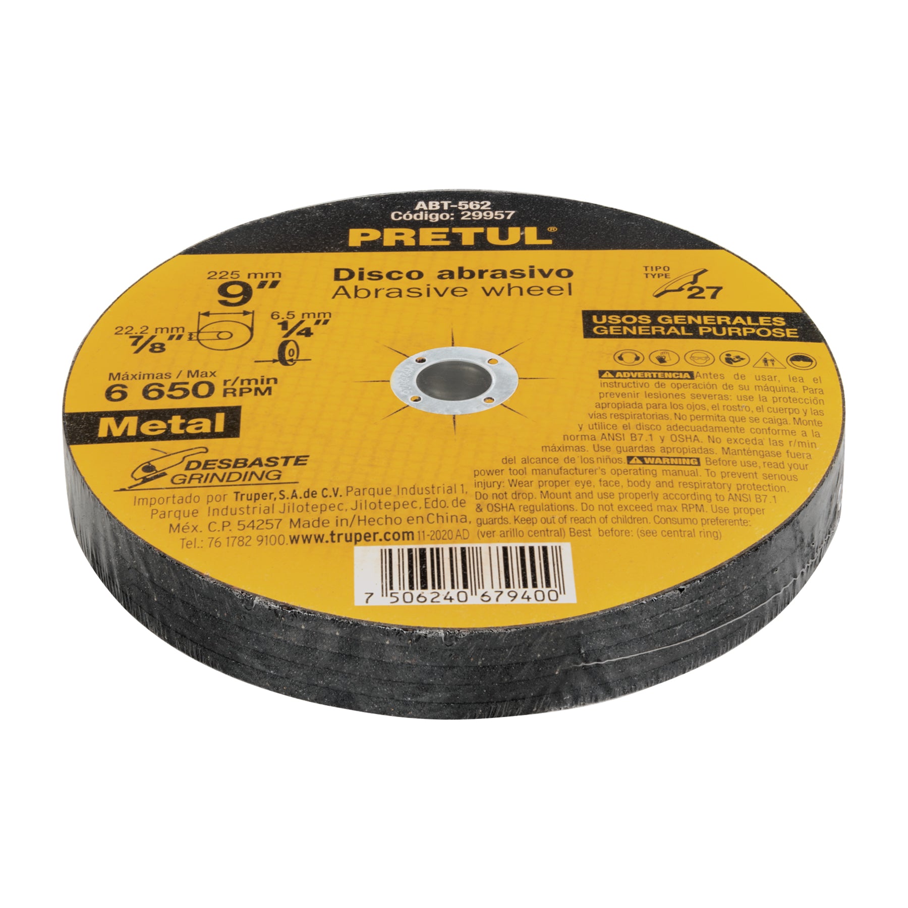 Disco Tipo 27 de 9" x 6.2 mm desbaste de metal, PRETUL