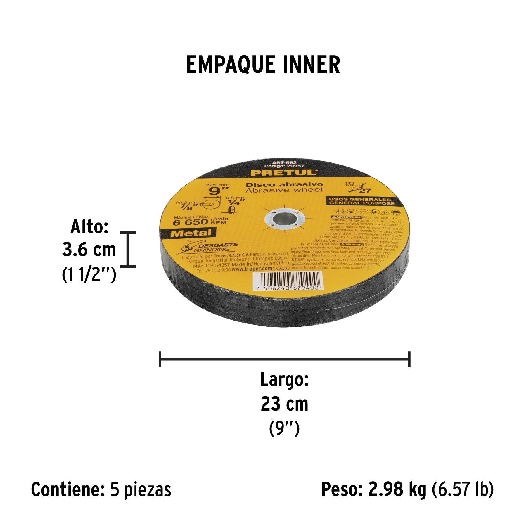 Disco Tipo 27 de 9" x 6.2 mm desbaste de metal, PRETUL - Empaque