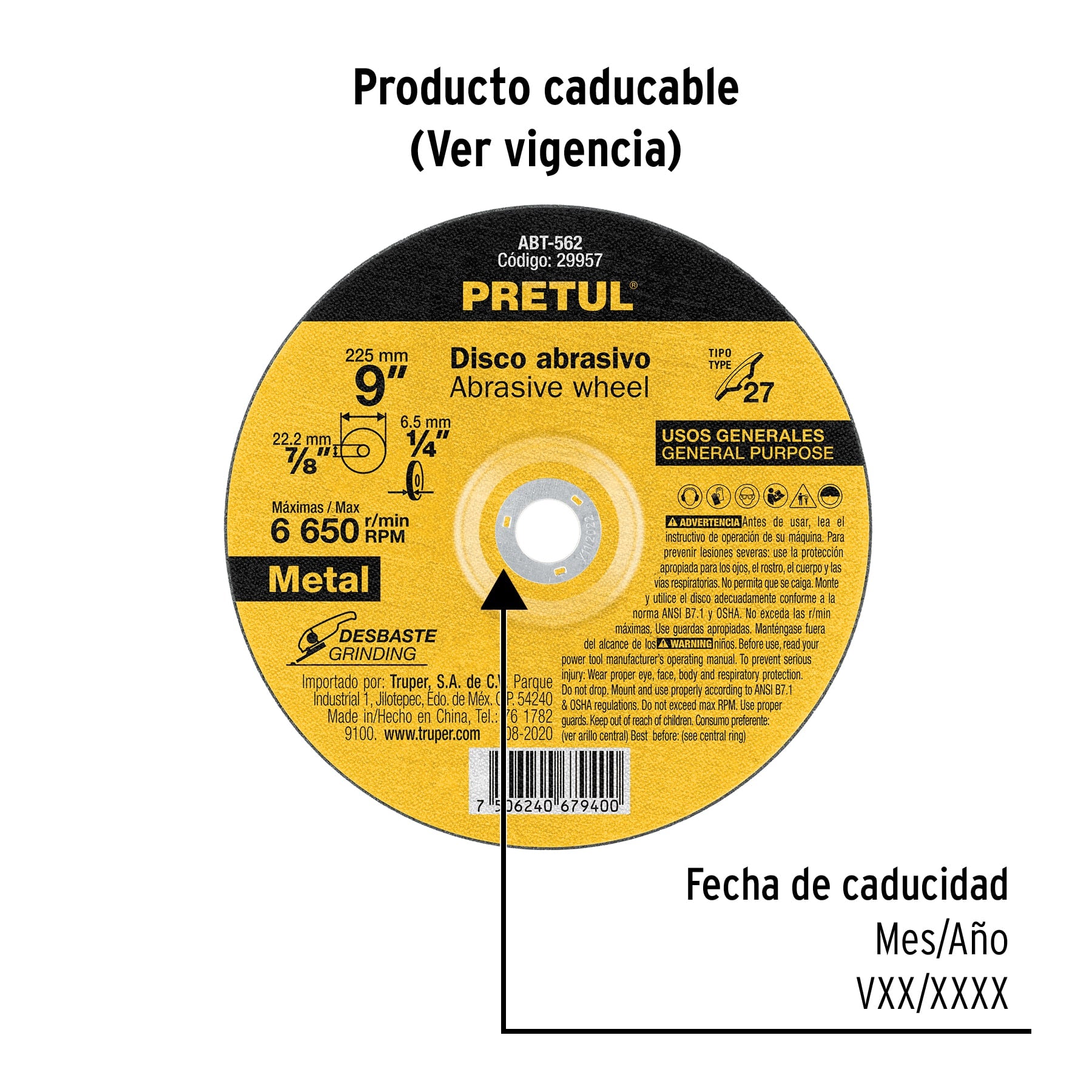 Disco Tipo 27 de 9" x 6.2 mm desbaste de metal, PRETUL