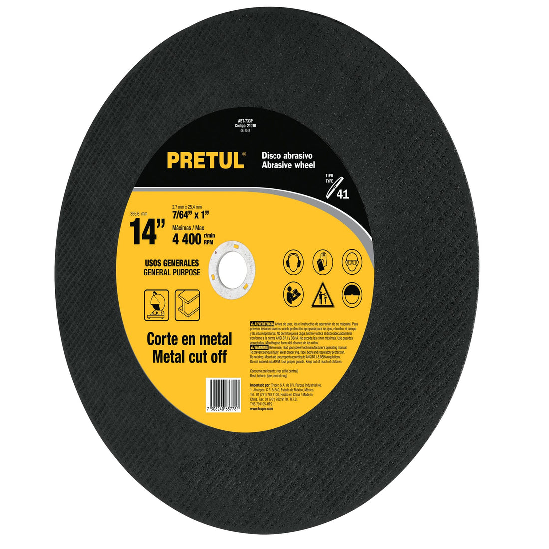 Disco para corte de metal tipo 41 diámetro 14" PRETUL