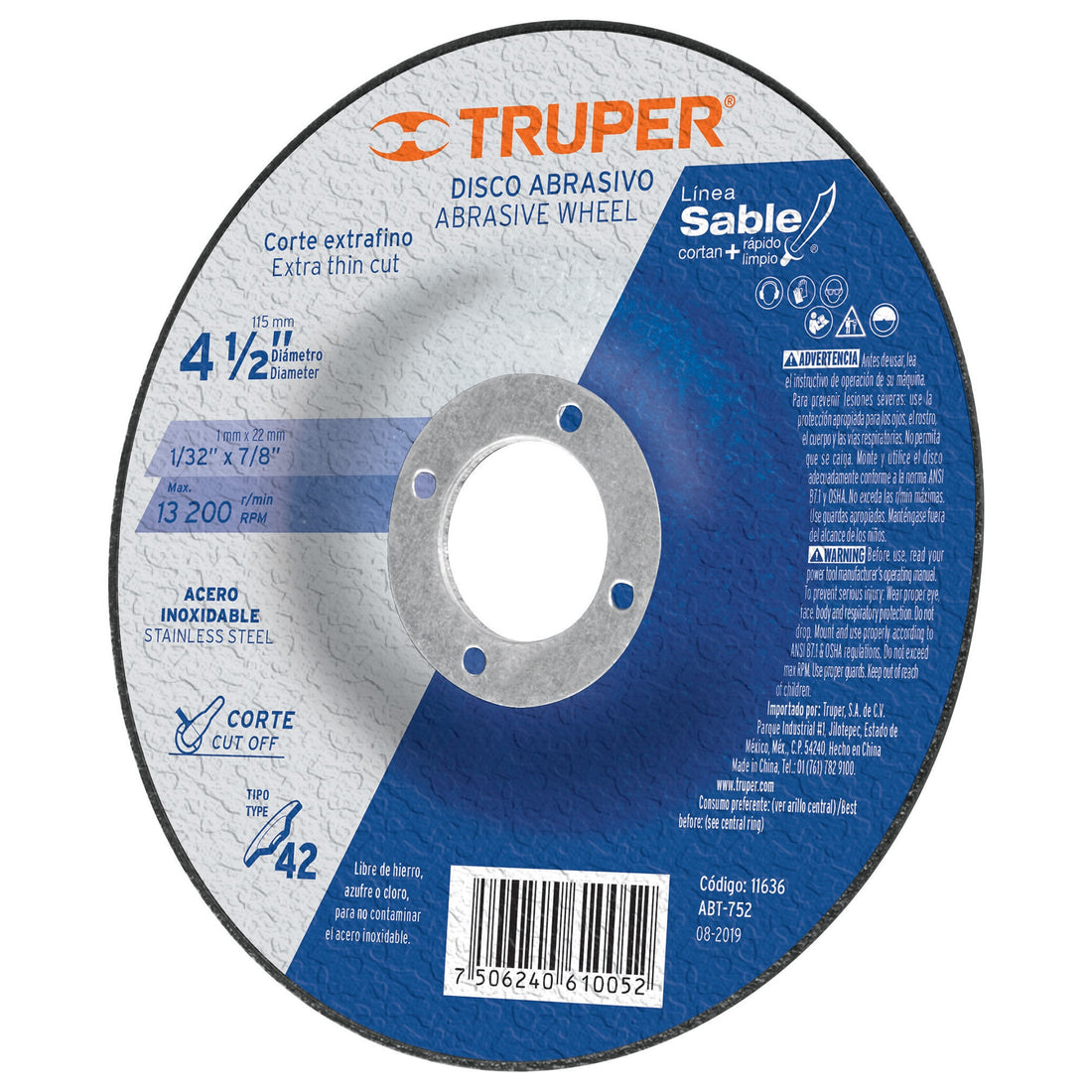 Disco para corte acero inoxidable, tipo 42, diámetro 4-1/2"