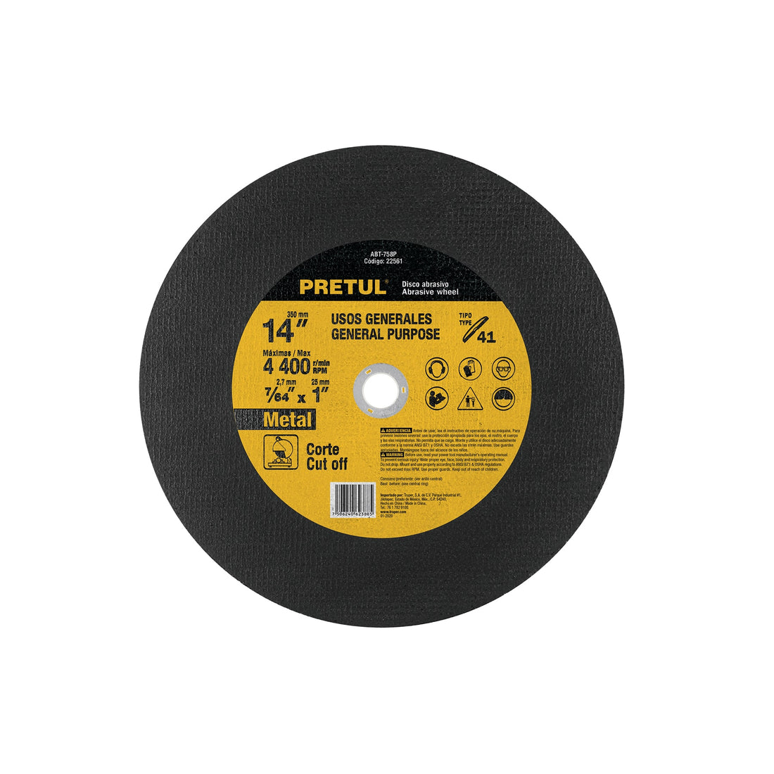 Disco Tipo 41 de 14" x 3.1 mm para corte de metal, PRETUL