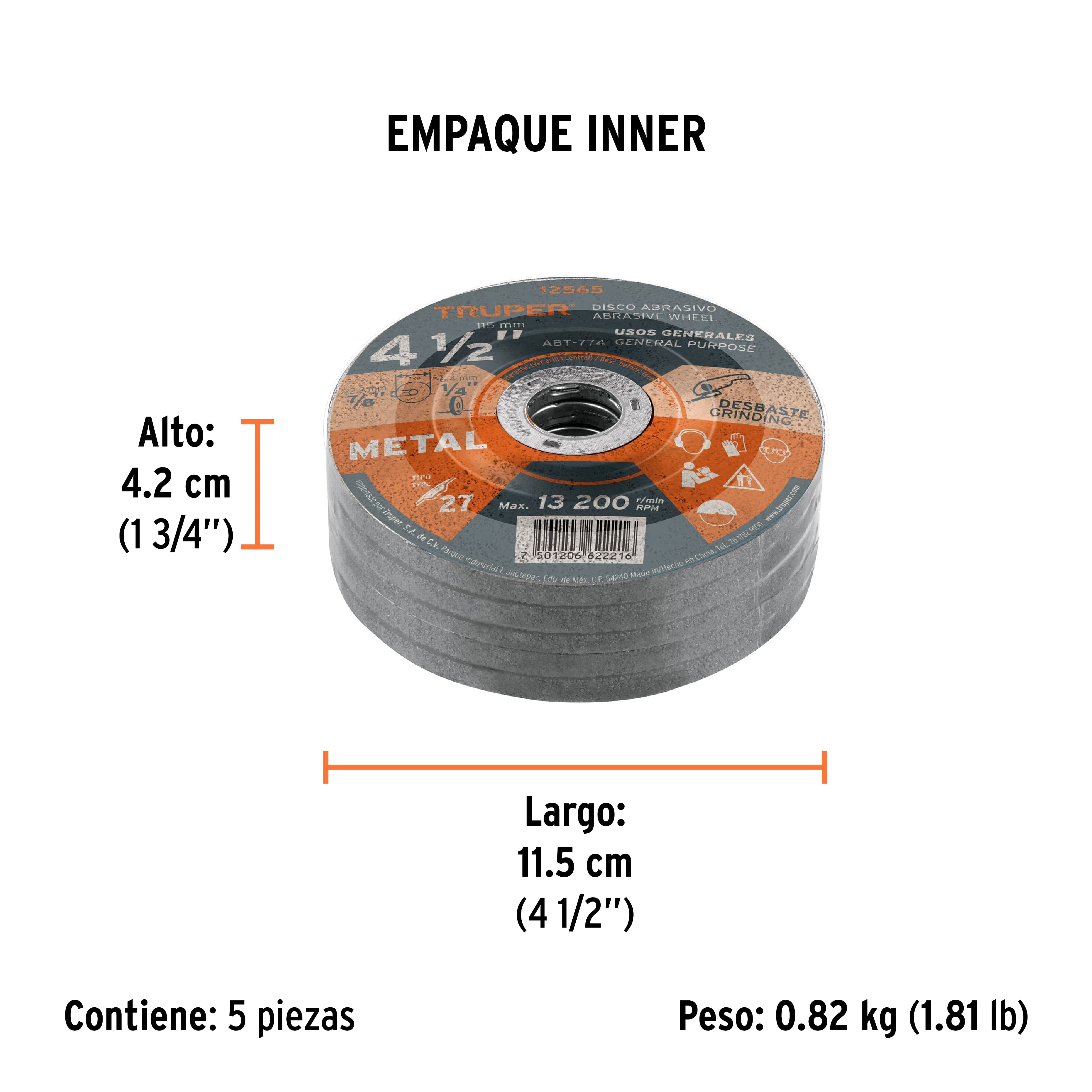 Disco Tipo 27 de 4-1/2" x 6.4 mm para desbaste de metal - Empaque