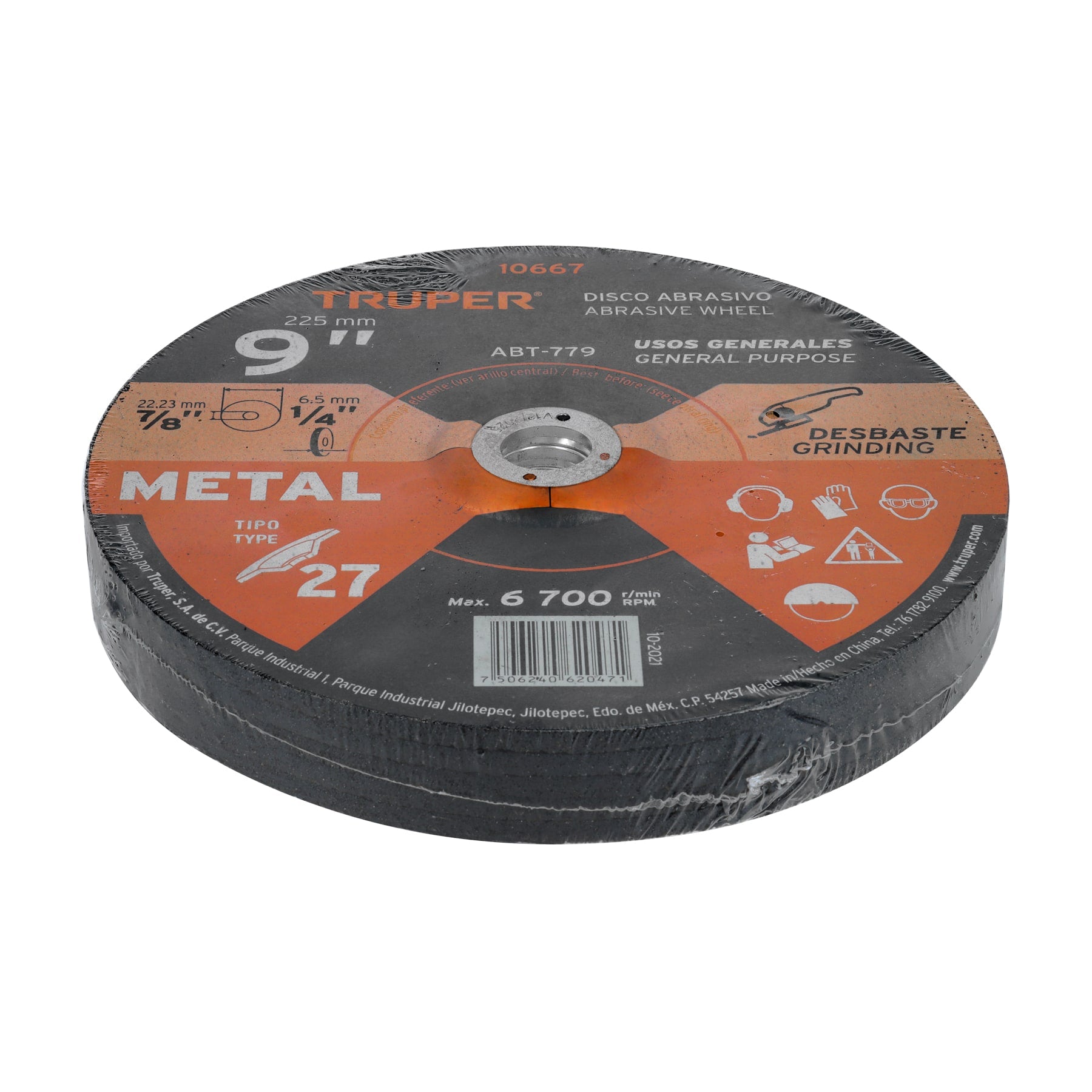 Disco Tipo 27 de 9" x 6.4 mm para desbaste de metal, TRUPER