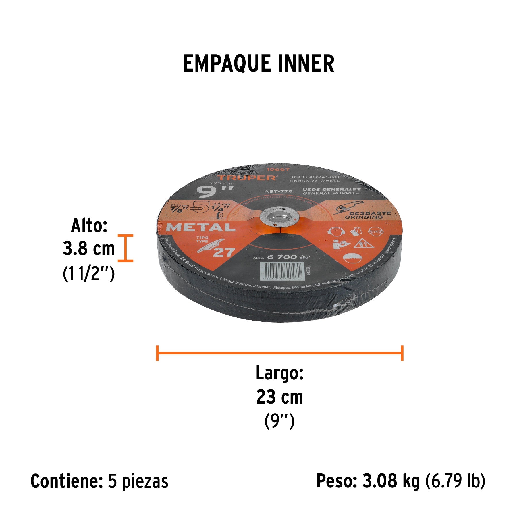 Disco Tipo 27 de 9" x 6.4 mm para desbaste de metal, TRUPER - Empaque
