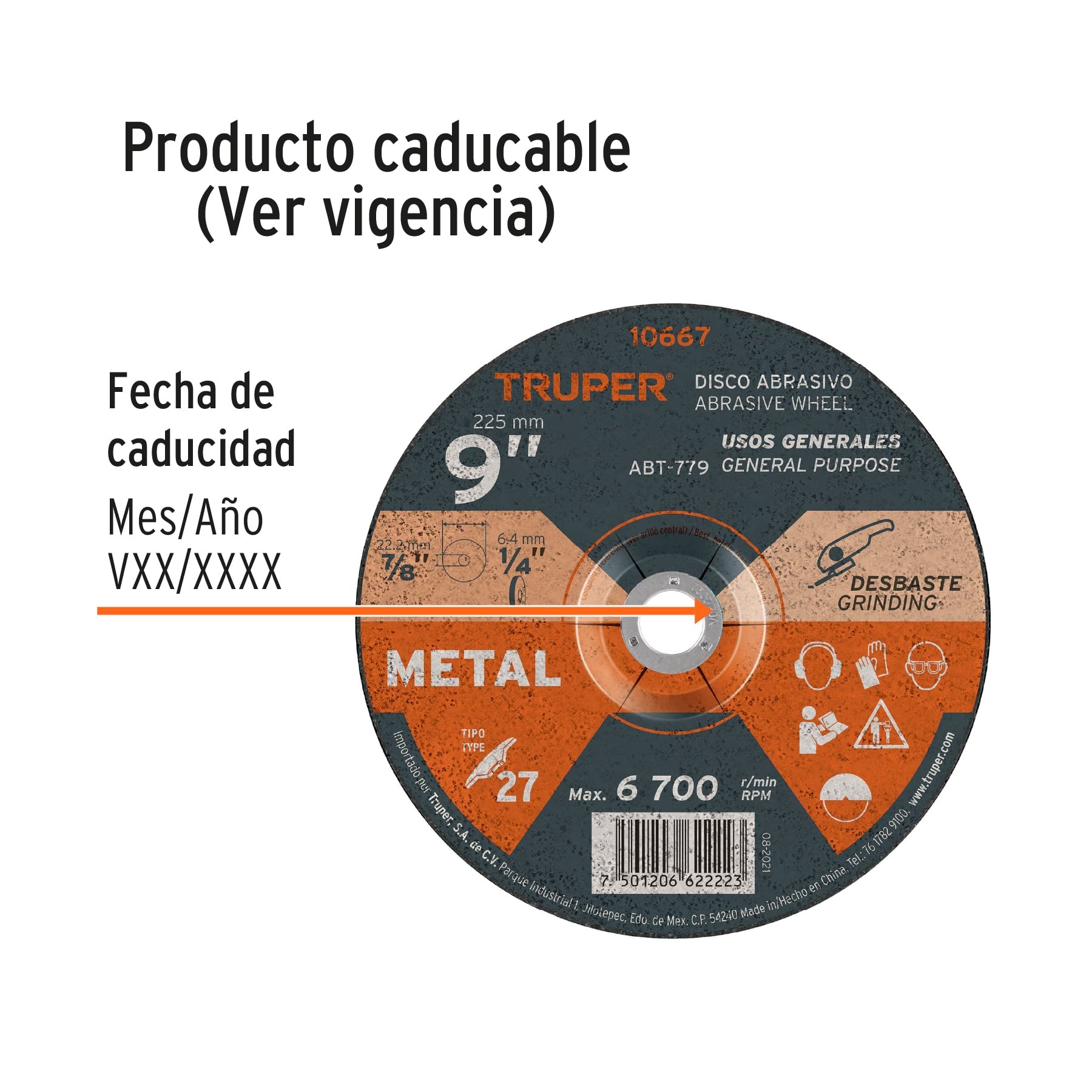 Disco Tipo 27 de 9" x 6.4 mm para desbaste de metal, TRUPER