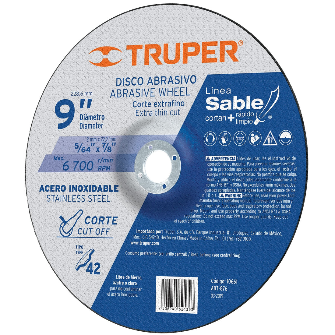 Disco "Sable" corte extrafino acero inoxidable, tipo 42, 9"