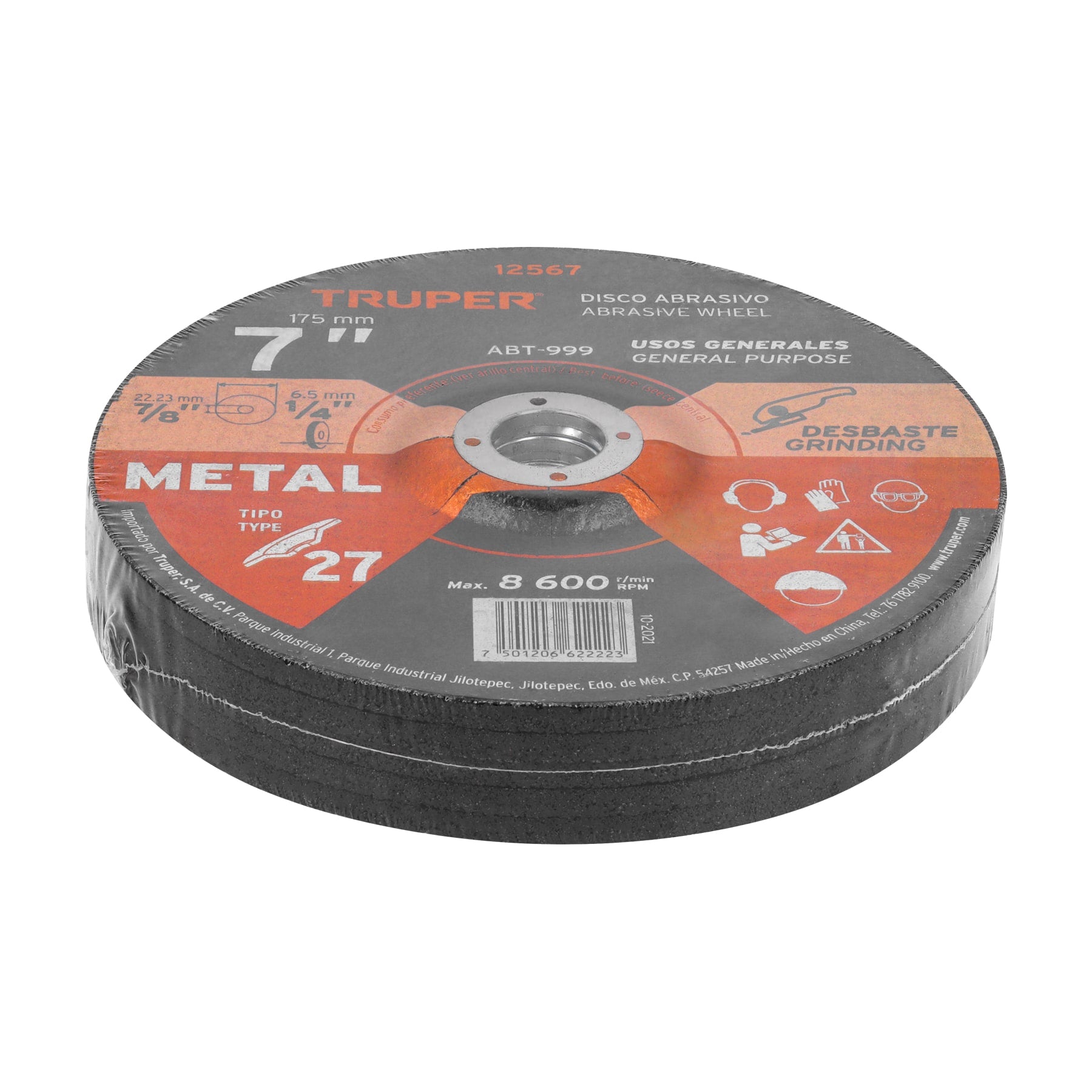Disco Tipo 27 de 7" x 6.4 mm para desbaste de metal, TRUPER