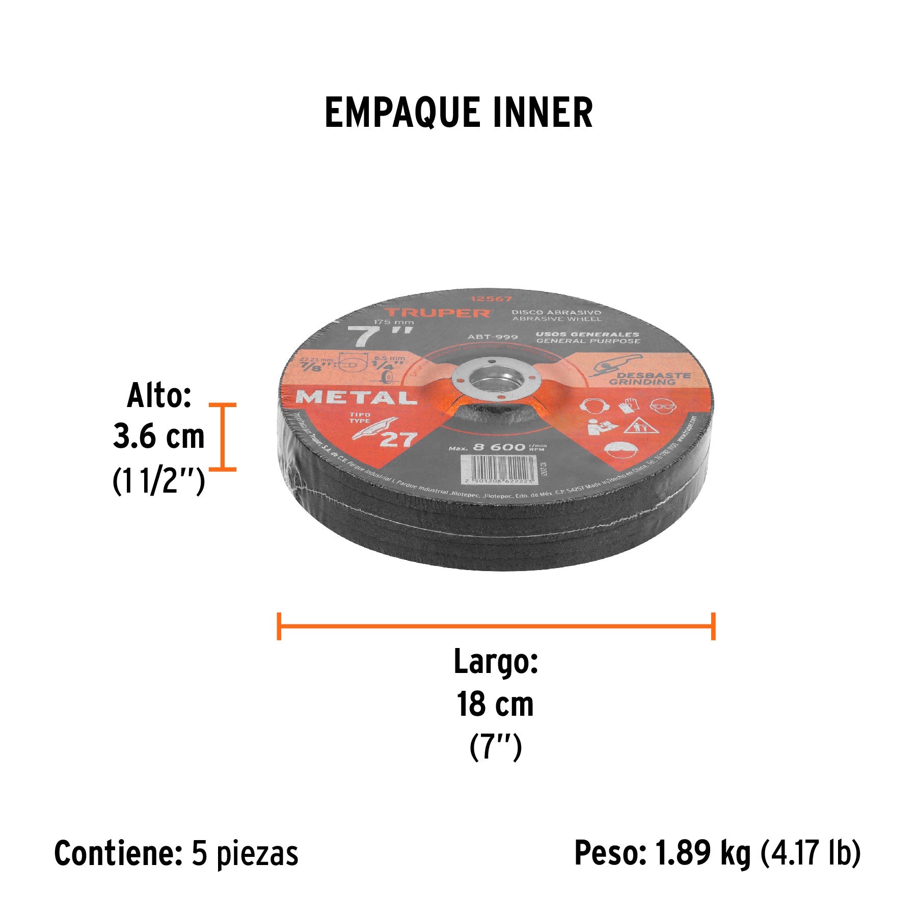 Disco Tipo 27 de 7" x 6.4 mm para desbaste de metal, TRUPER - Empaque