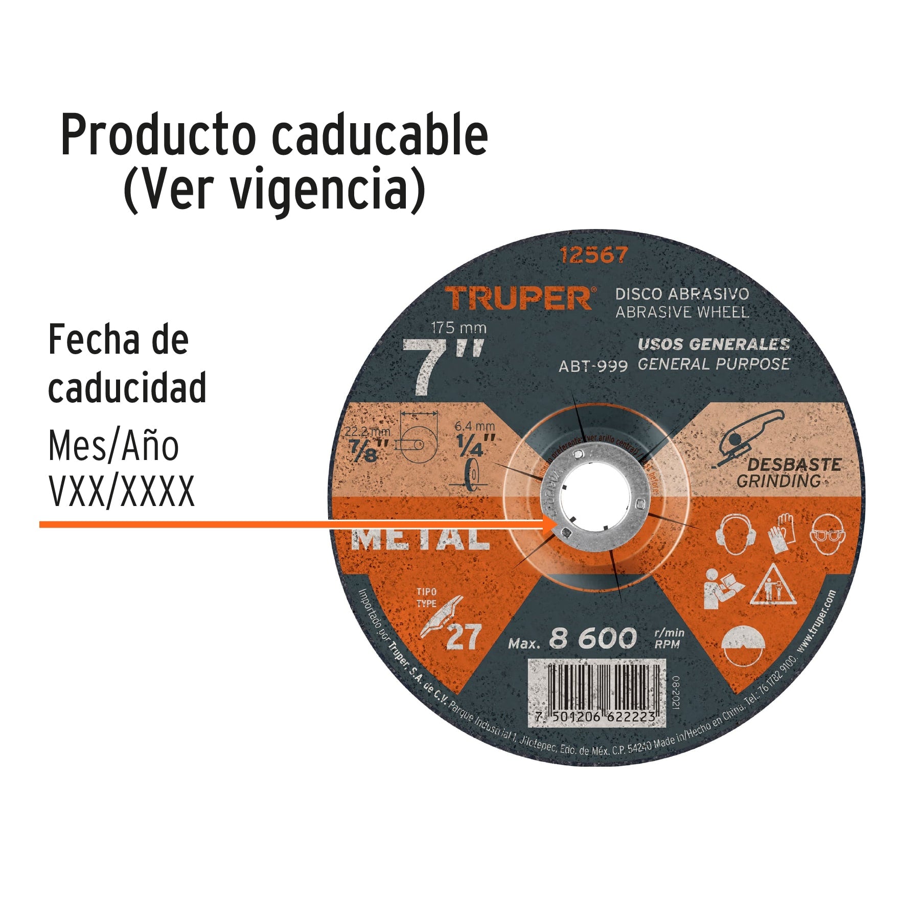 Disco Tipo 27 de 7" x 6.4 mm para desbaste de metal, TRUPER