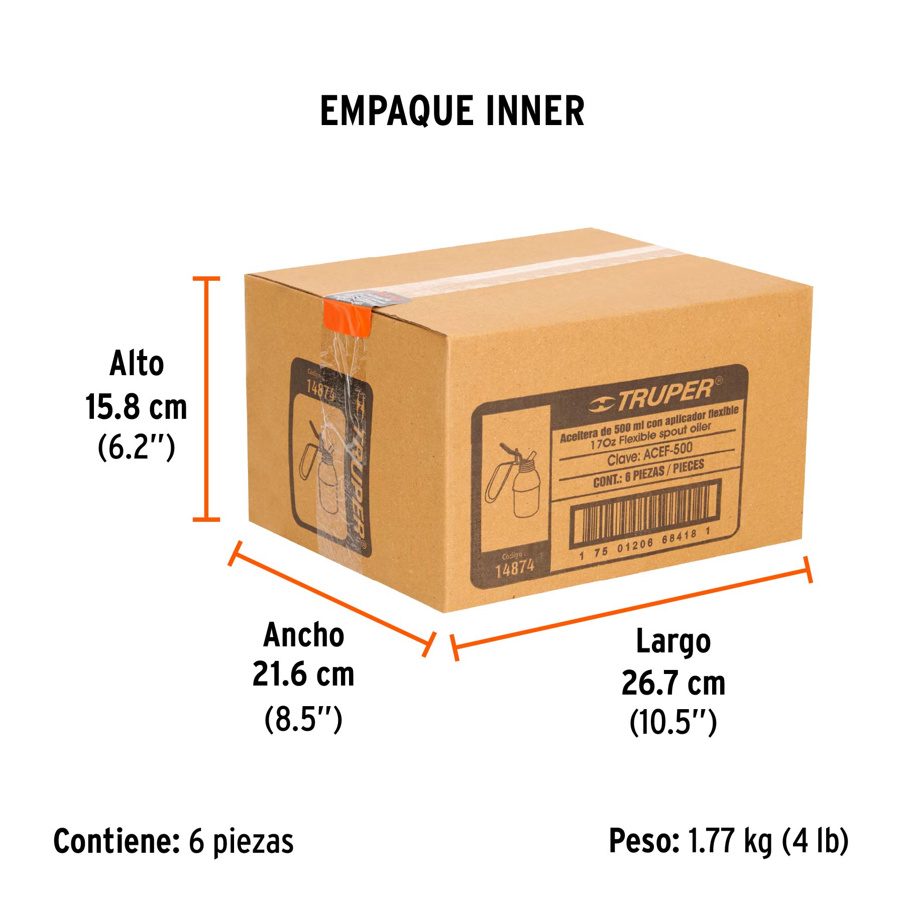 Aceitera de 500 ml (17 oz) con aplicador flexible, TRUPER - Empaque