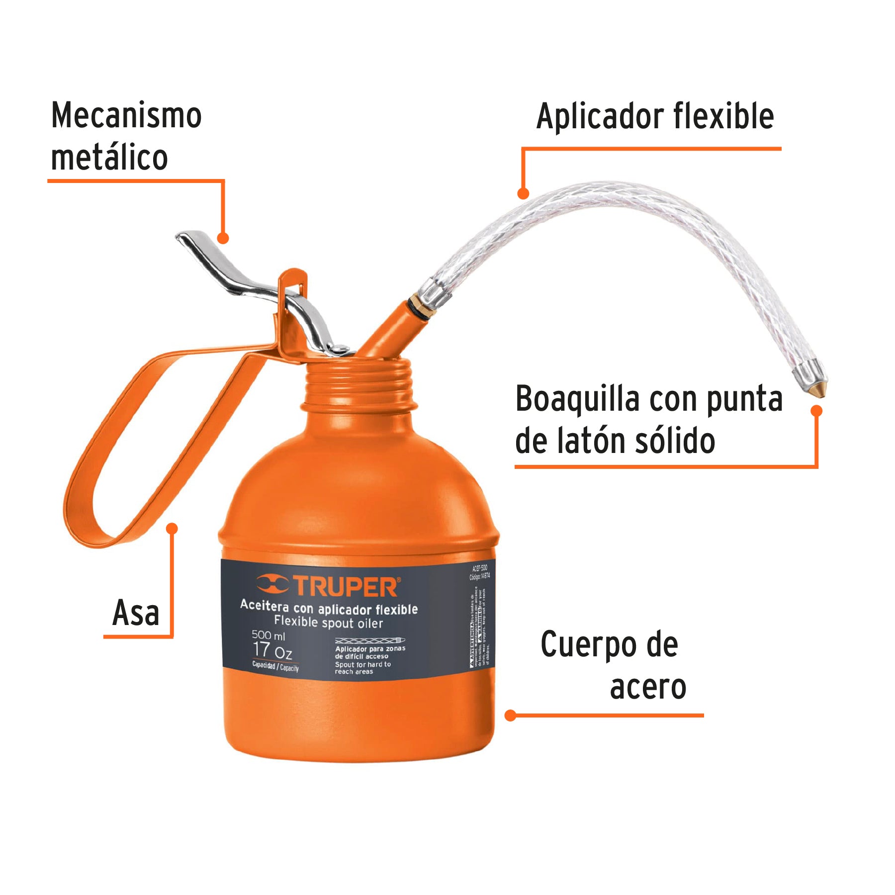Aceitera de 500 ml (17 oz) con aplicador flexible, TRUPER