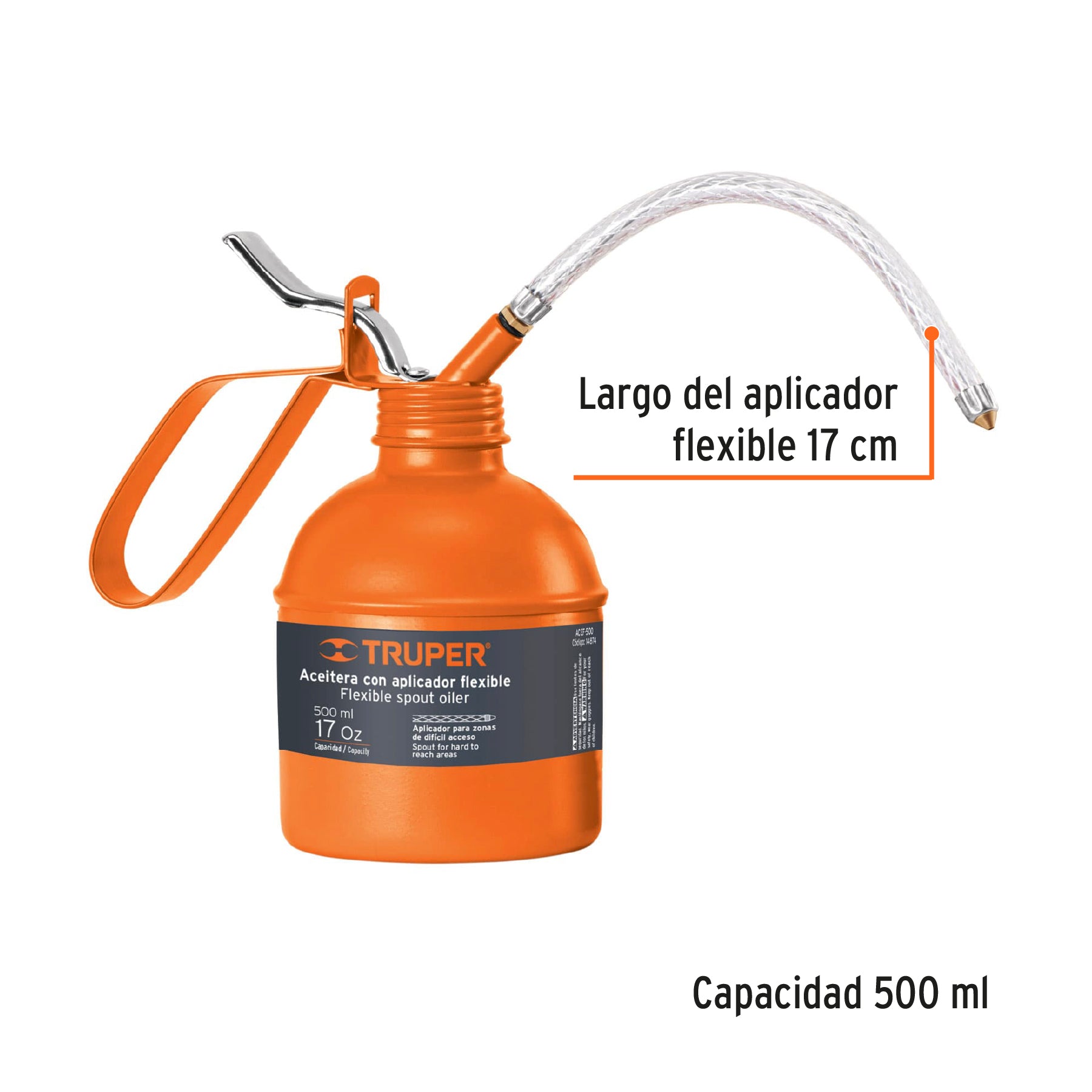 Aceitera de 500 ml (17 oz) con aplicador flexible, TRUPER