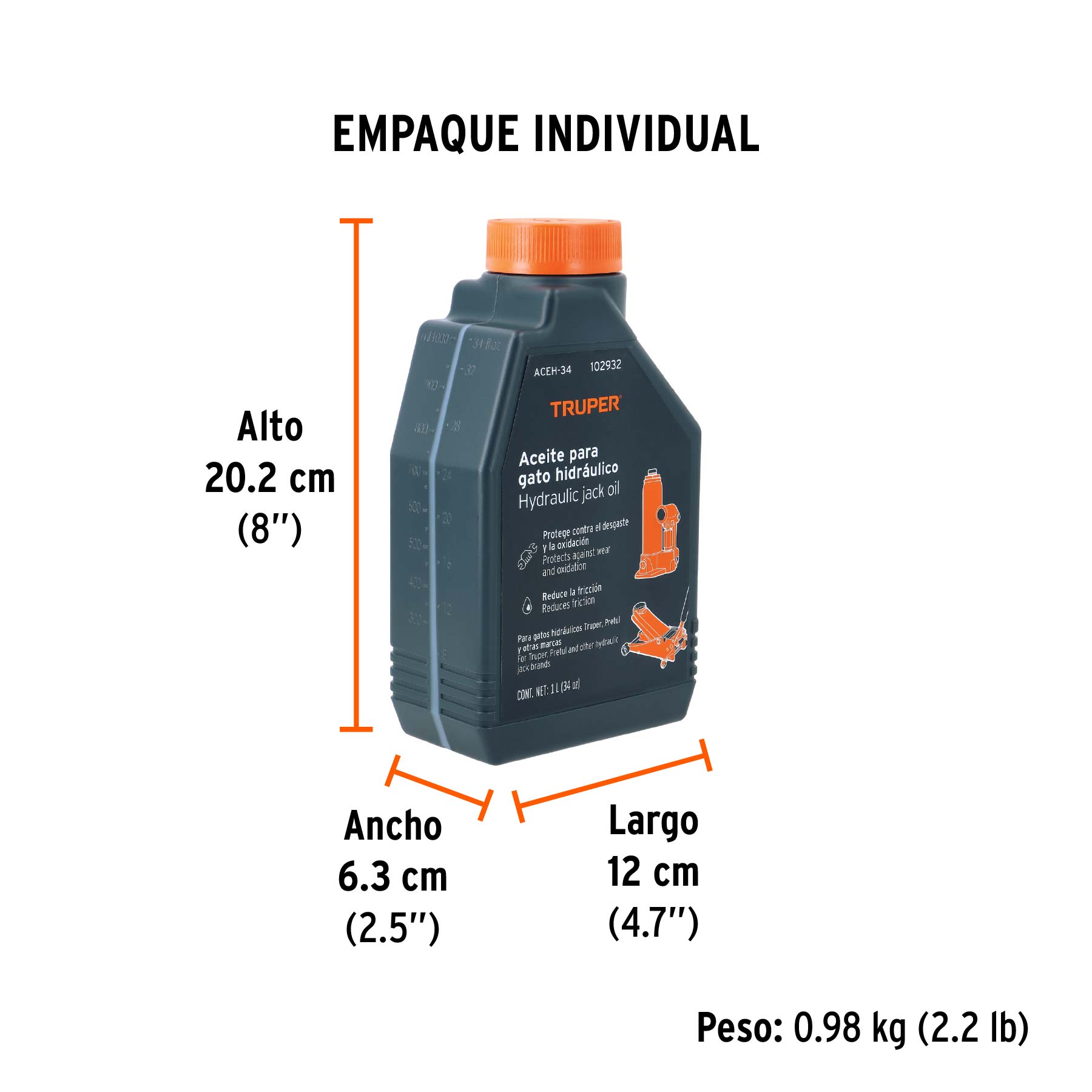 Aceite hidráulico para gatos, 1 Litro, TRUPER - Empaque