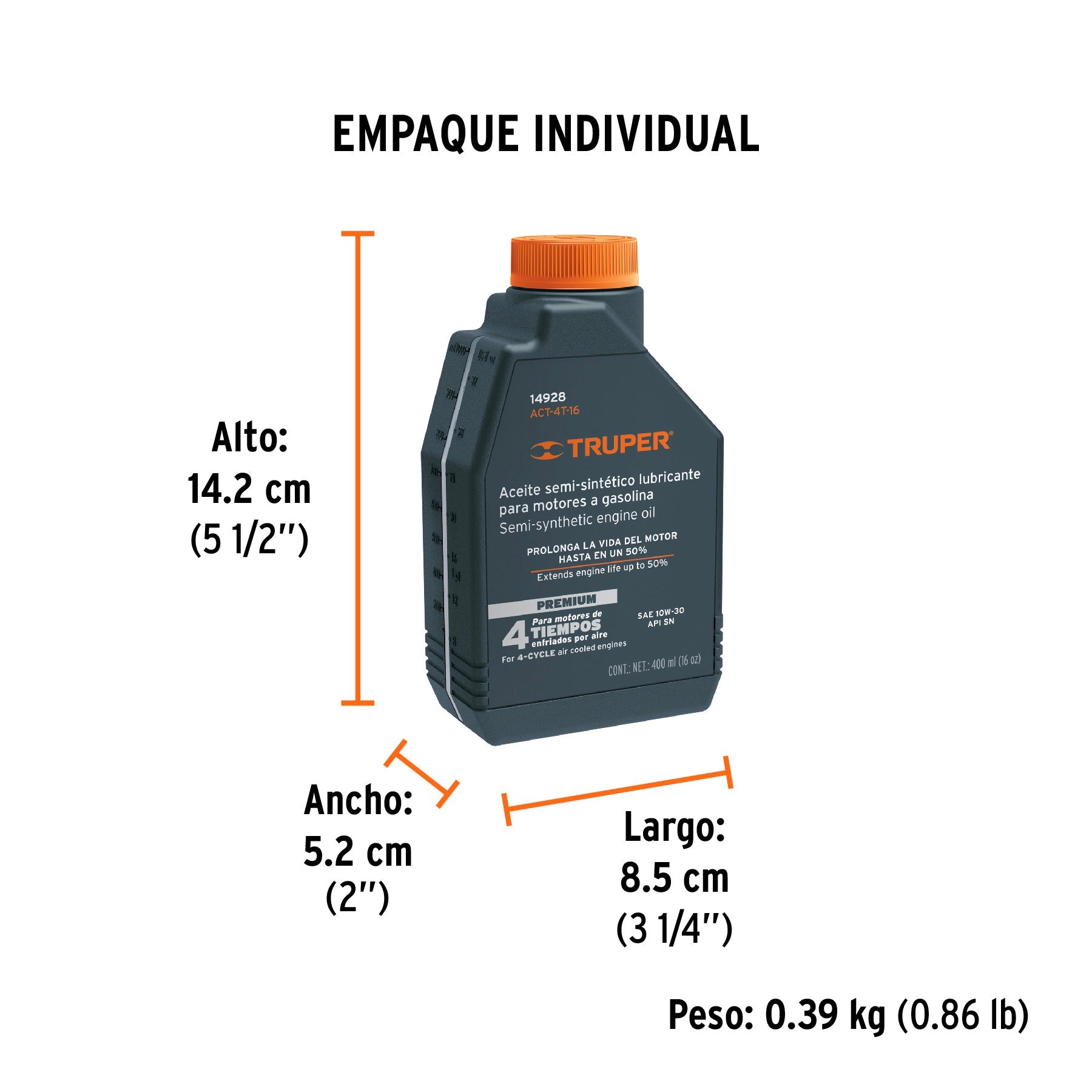 Aceite semi-sintético, 4 tiempos, 400 ml (14 oz), TRUPER - Empaque
