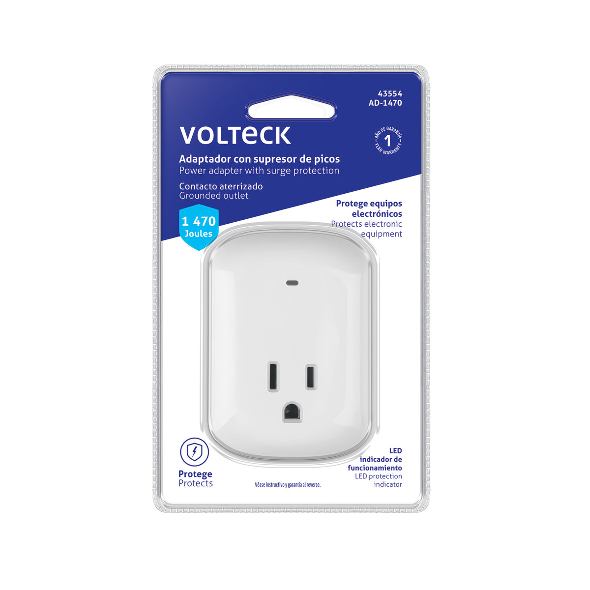 Adaptador con supresor de picos 1470 Joules, VOLTECK