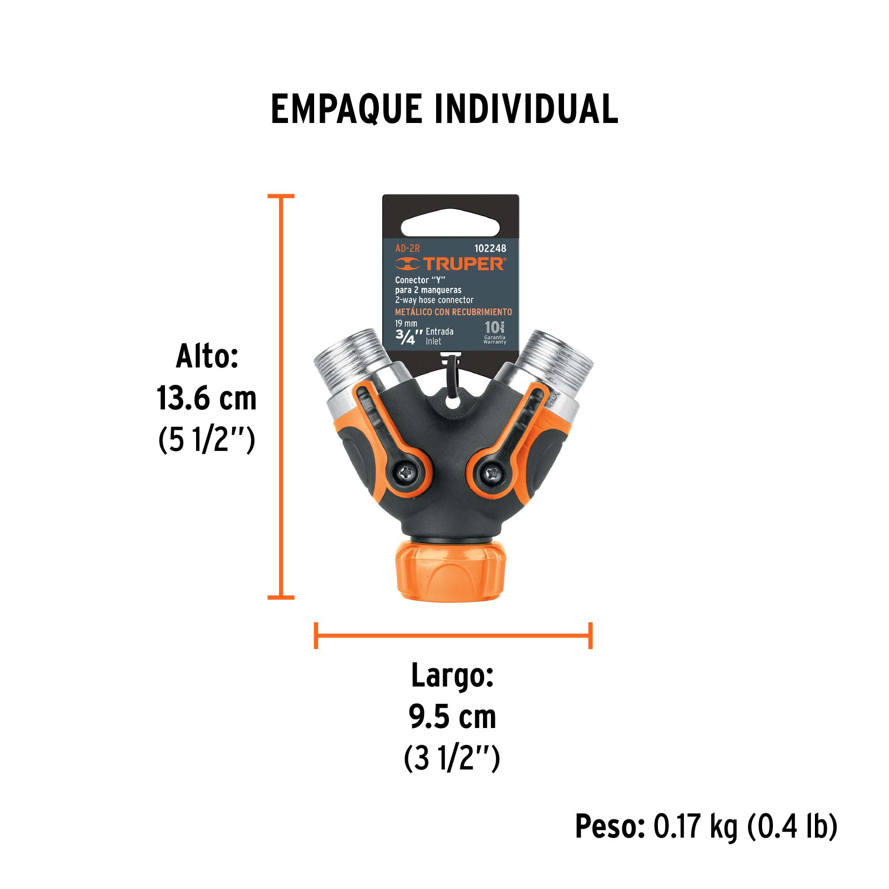 Conector "Y" 3/4" metálico con recubrimiento para manguera - Empaque