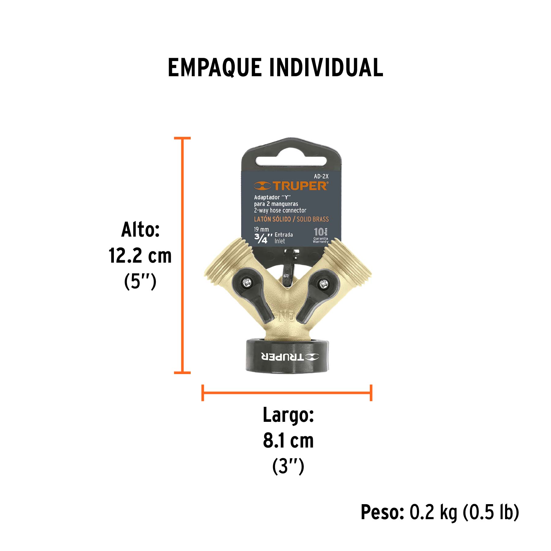 Conector "Y" 3/4" latón sólido con tuerca móvil p/manguera - Empaque