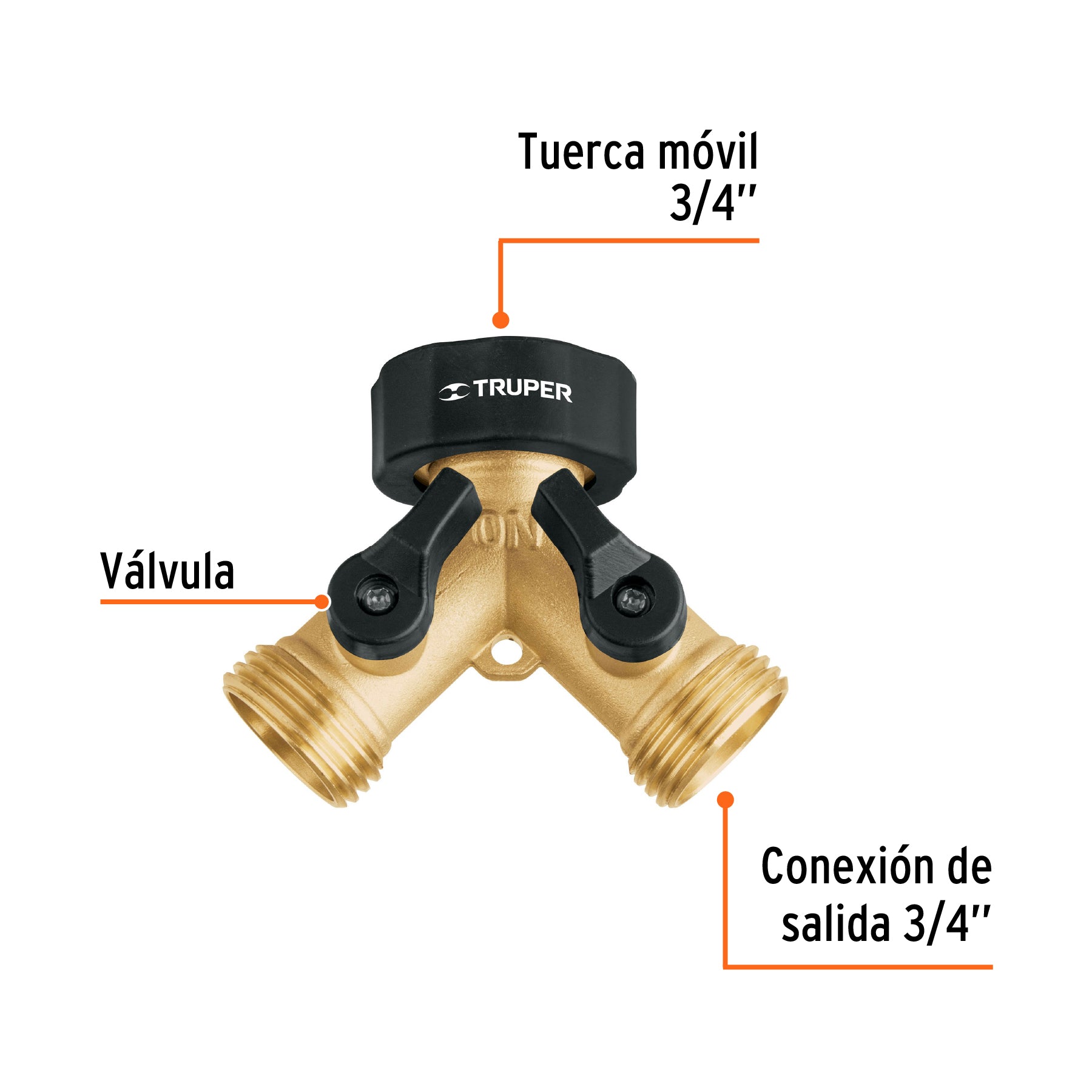 Conector "Y" 3/4" latón sólido con tuerca móvil p/manguera