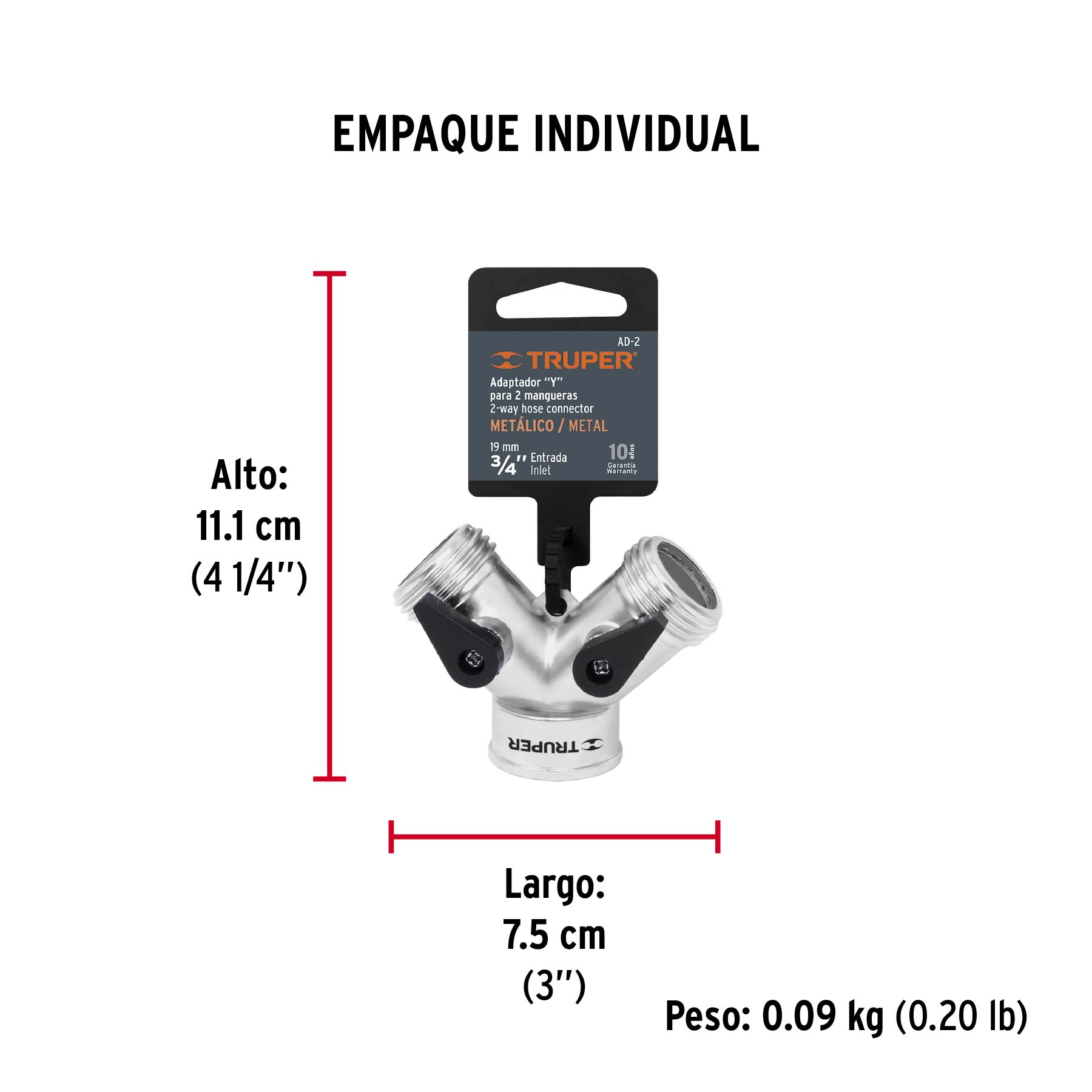 Conector "Y" 3/4" metálico para manguera, TRUPER - Empaque
