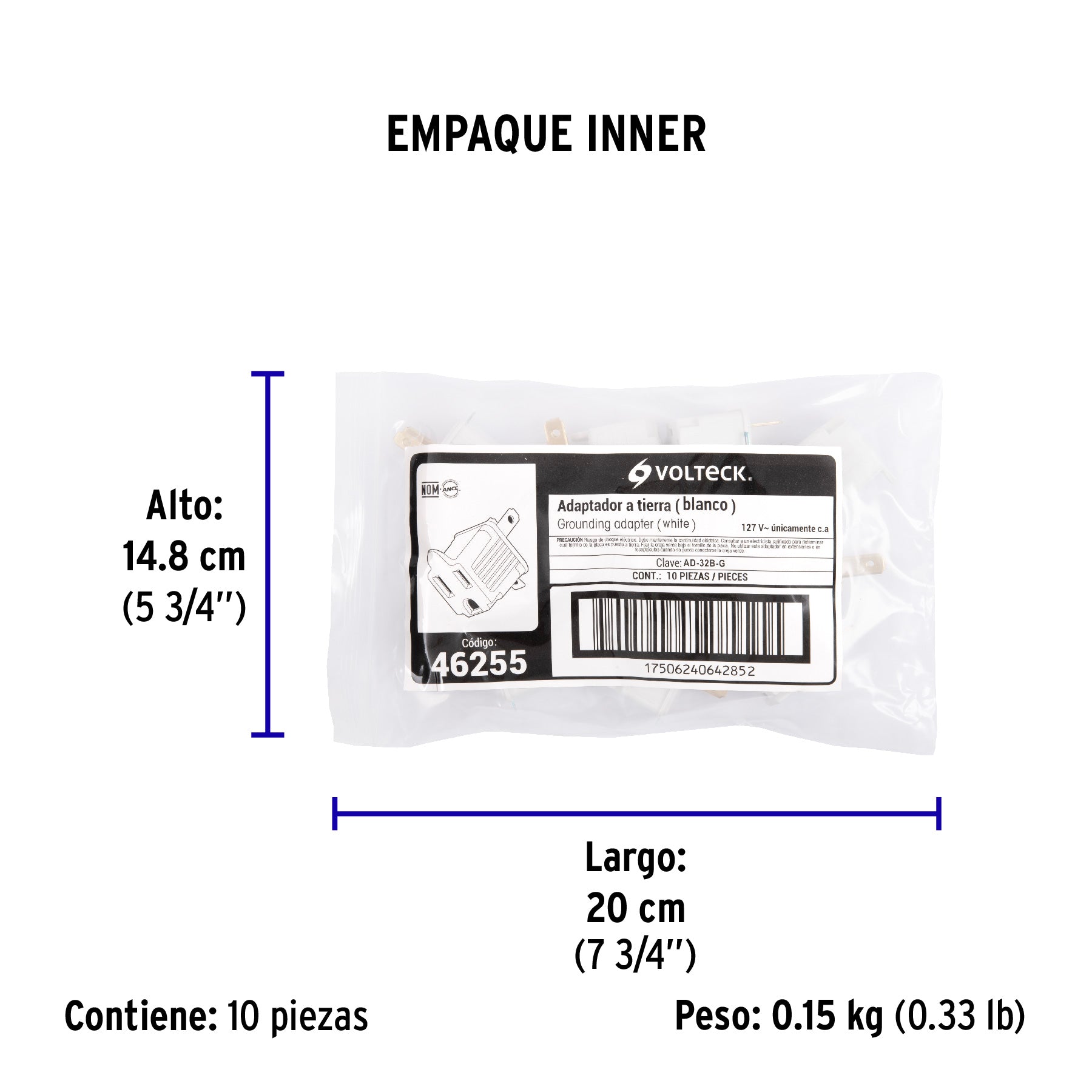 Adaptador 3 a 2, blanco, a granel, VOLTECK - Empaque