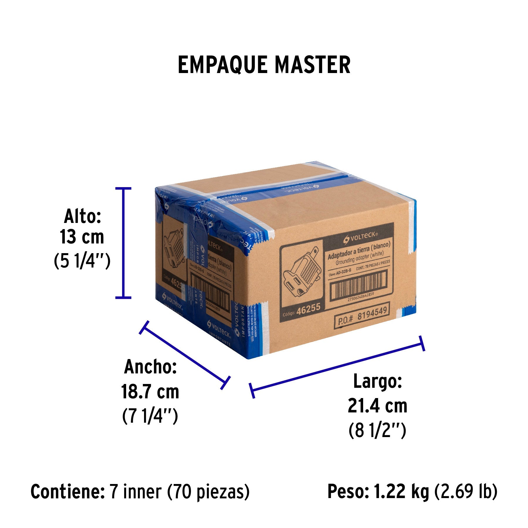 Adaptador 3 a 2, blanco, a granel, VOLTECK - Empaque