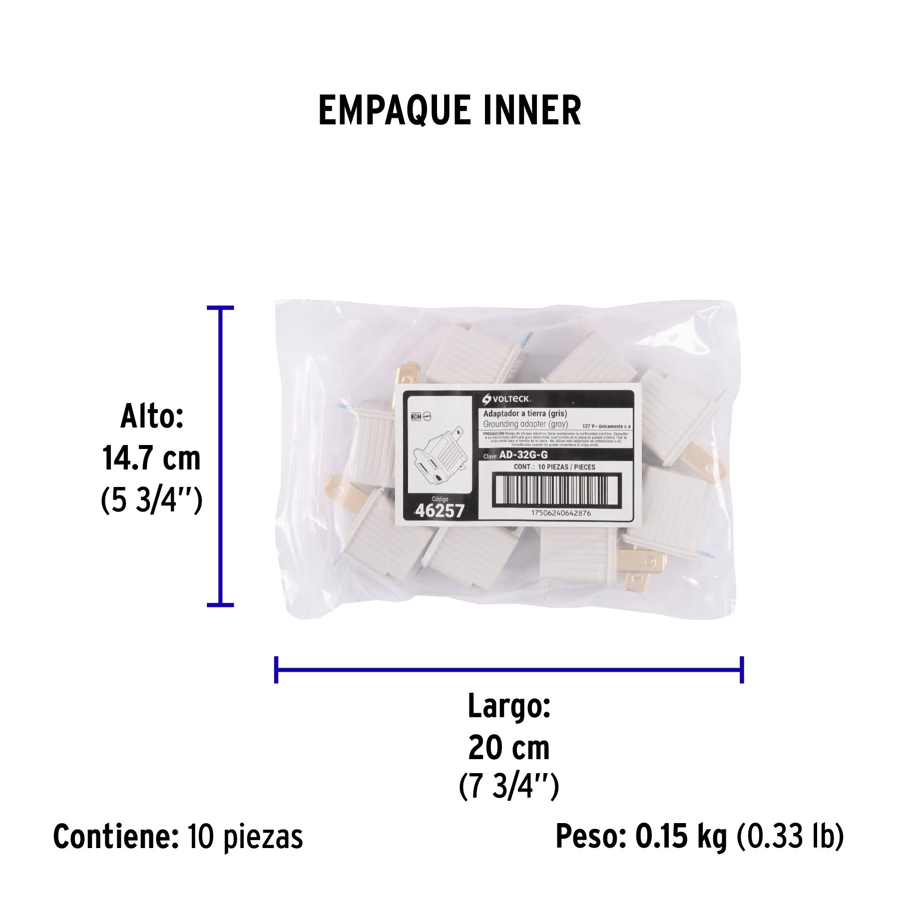 Adaptador 3 a 2, gris, a granel, VOLTECK - Empaque