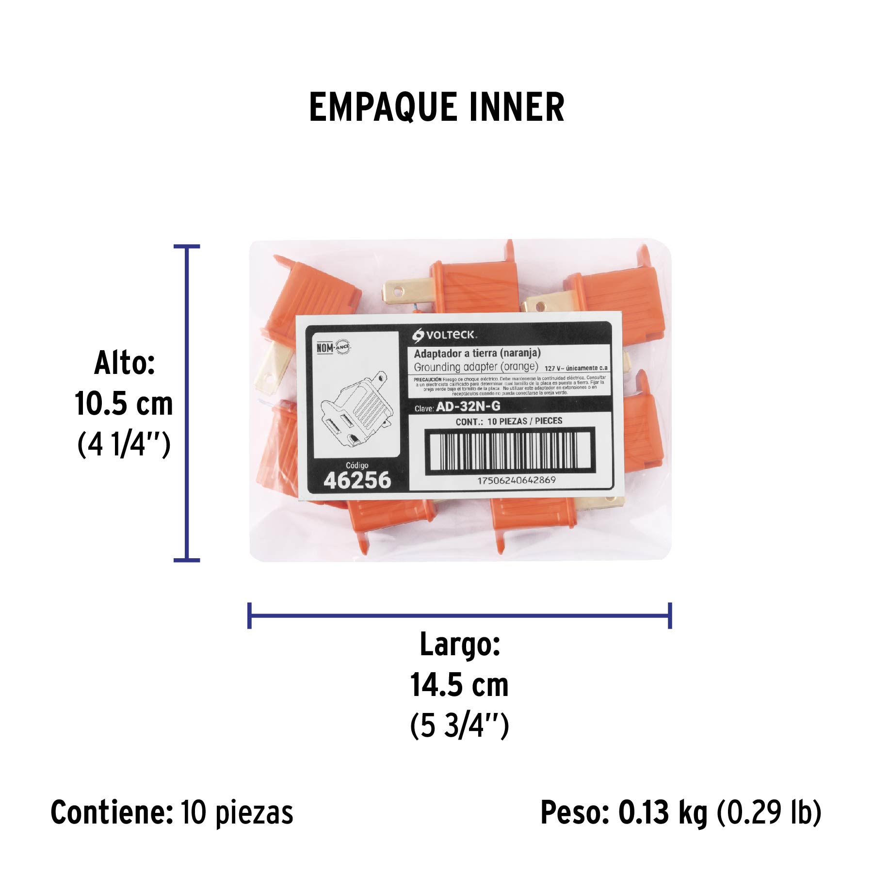 Adaptador 3 a 2, naranja, a granel, VOLTECK - Empaque