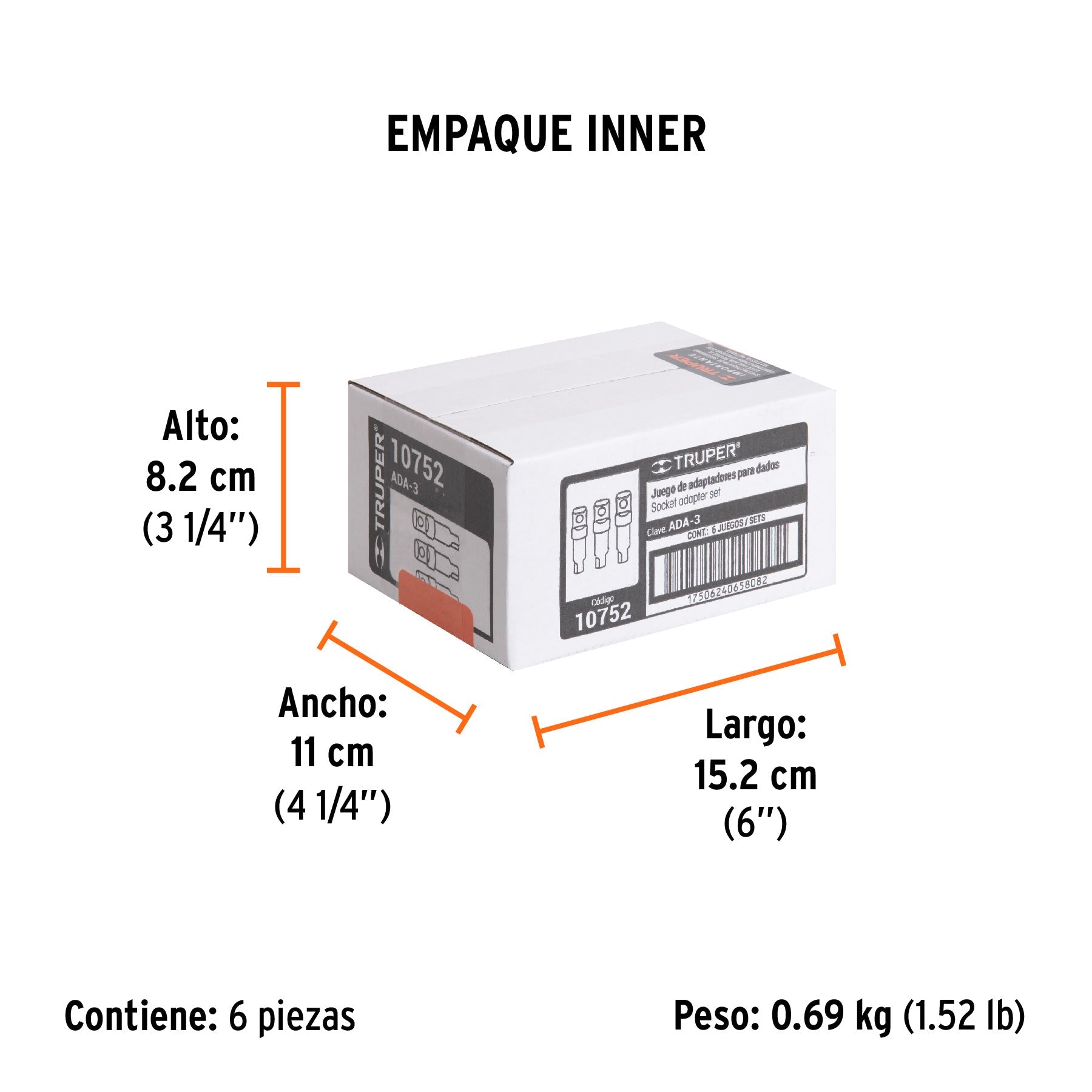 Juego de 3 adaptadores para dados de 1/4", 3/8" y 1/2" - Empaque