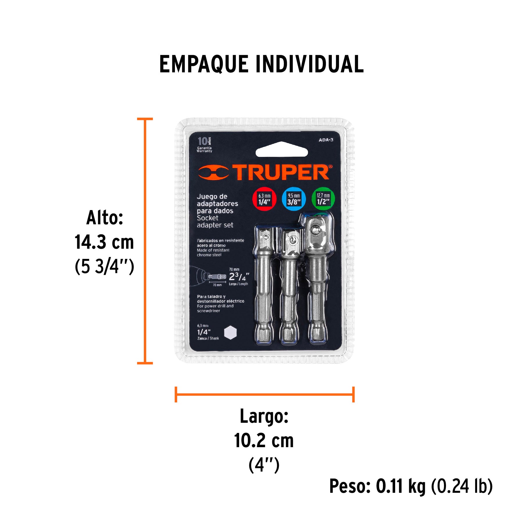 Juego de 3 adaptadores para dados de 1/4", 3/8" y 1/2" - Empaque