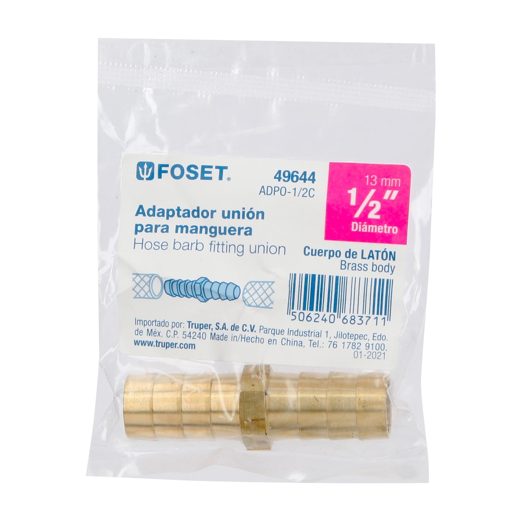Cople inserción de latón 1/2" para manguera, FOSET