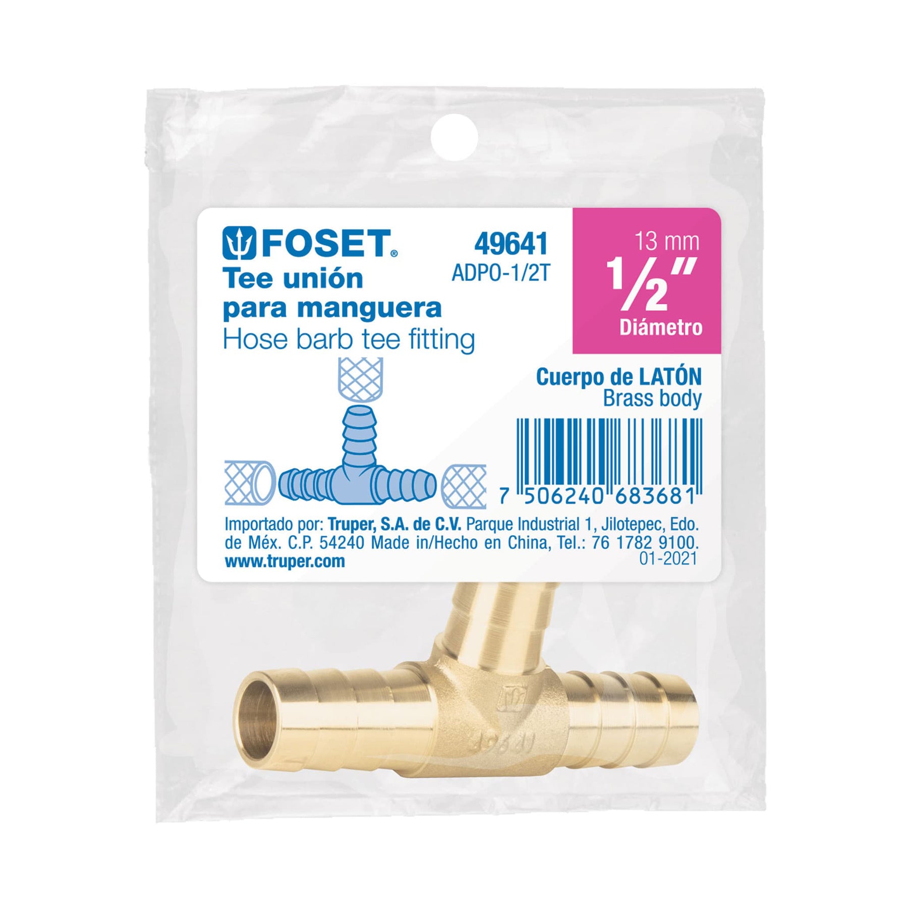 Tee inserción macho latón 1/2" para manguera, FOSET