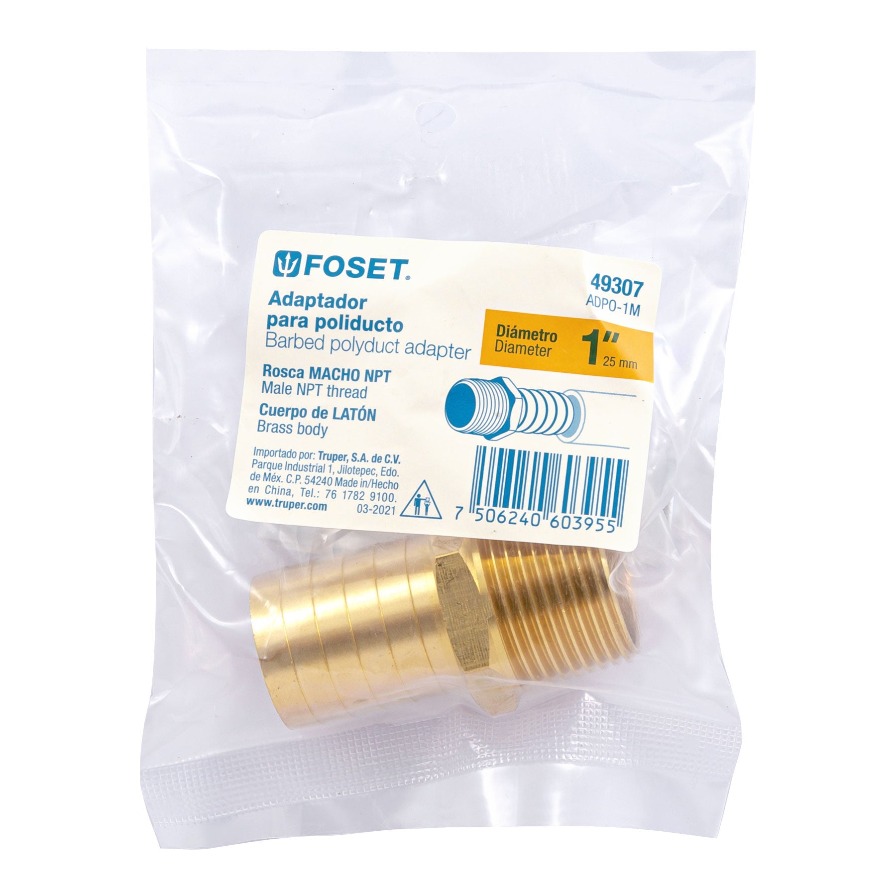 Adaptador macho de latón 1" para manguera, FOSET