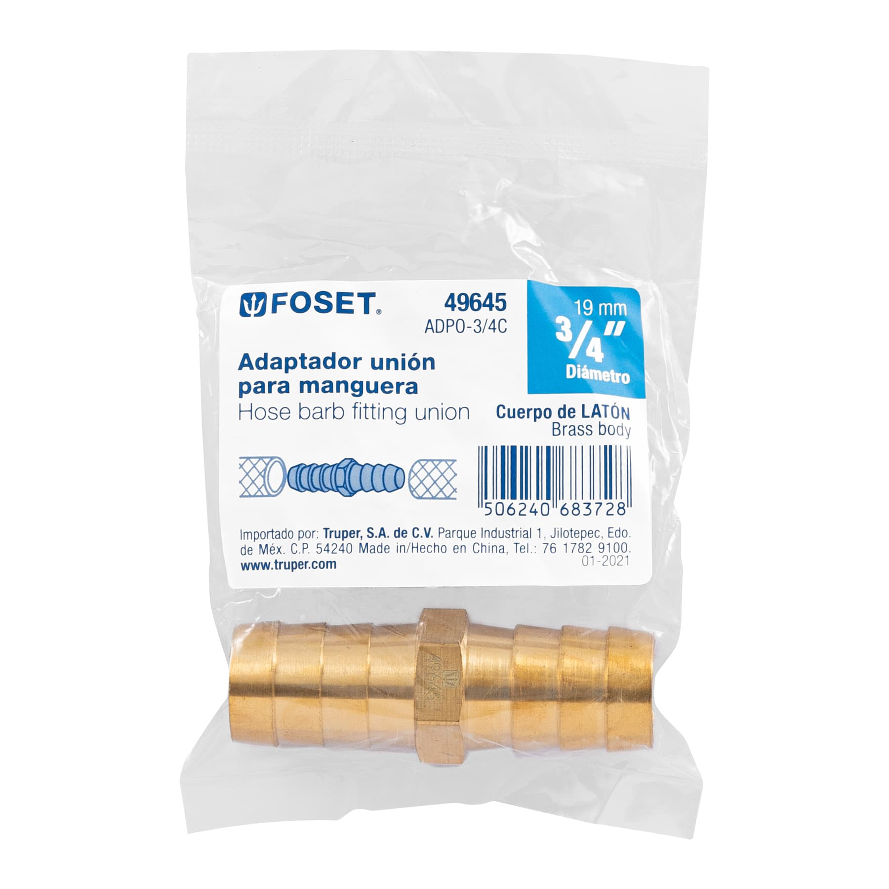 Cople inserción de latón 3/4" para manguera, FOSET