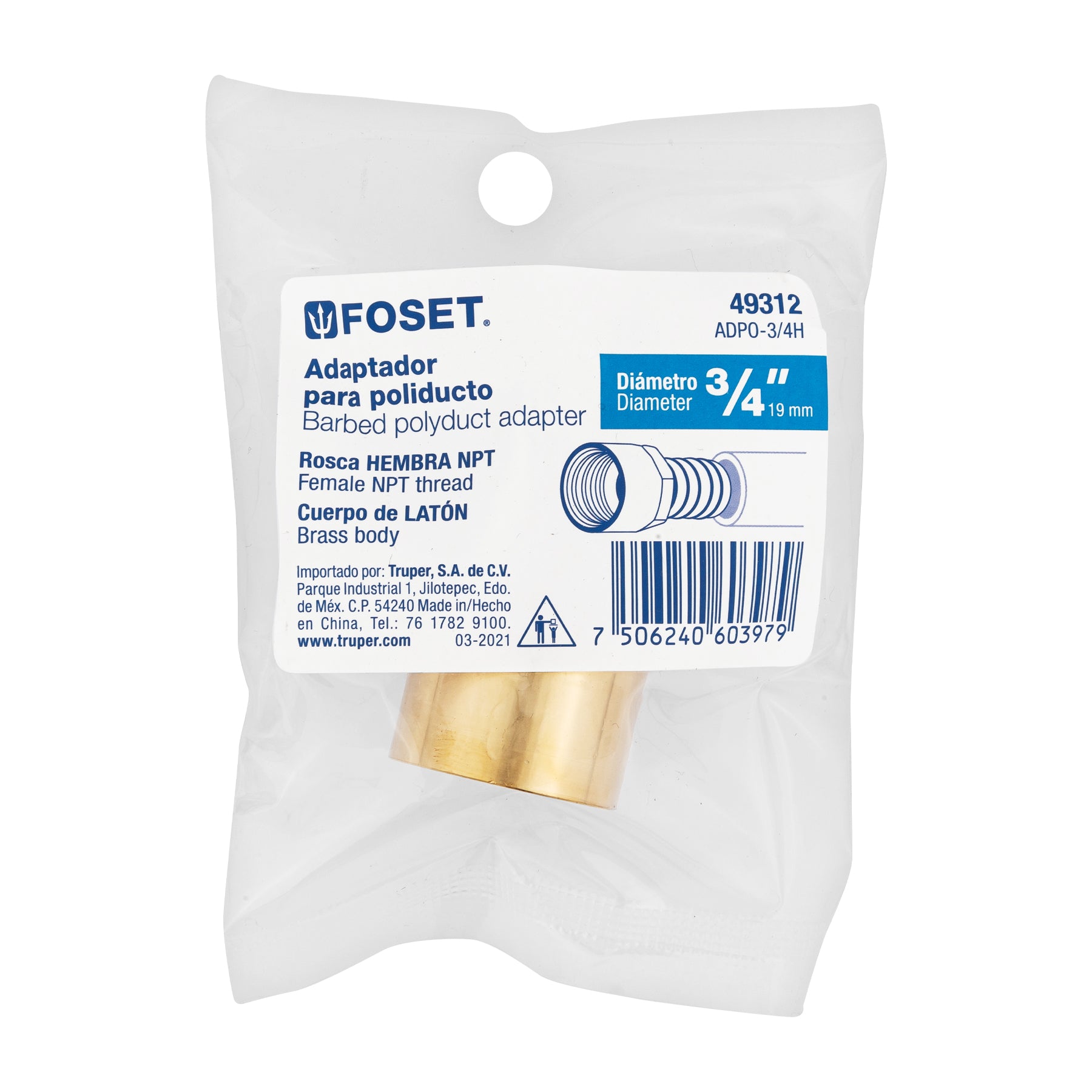 Adaptador hembra de latón 3/4" para manguera, FOSET