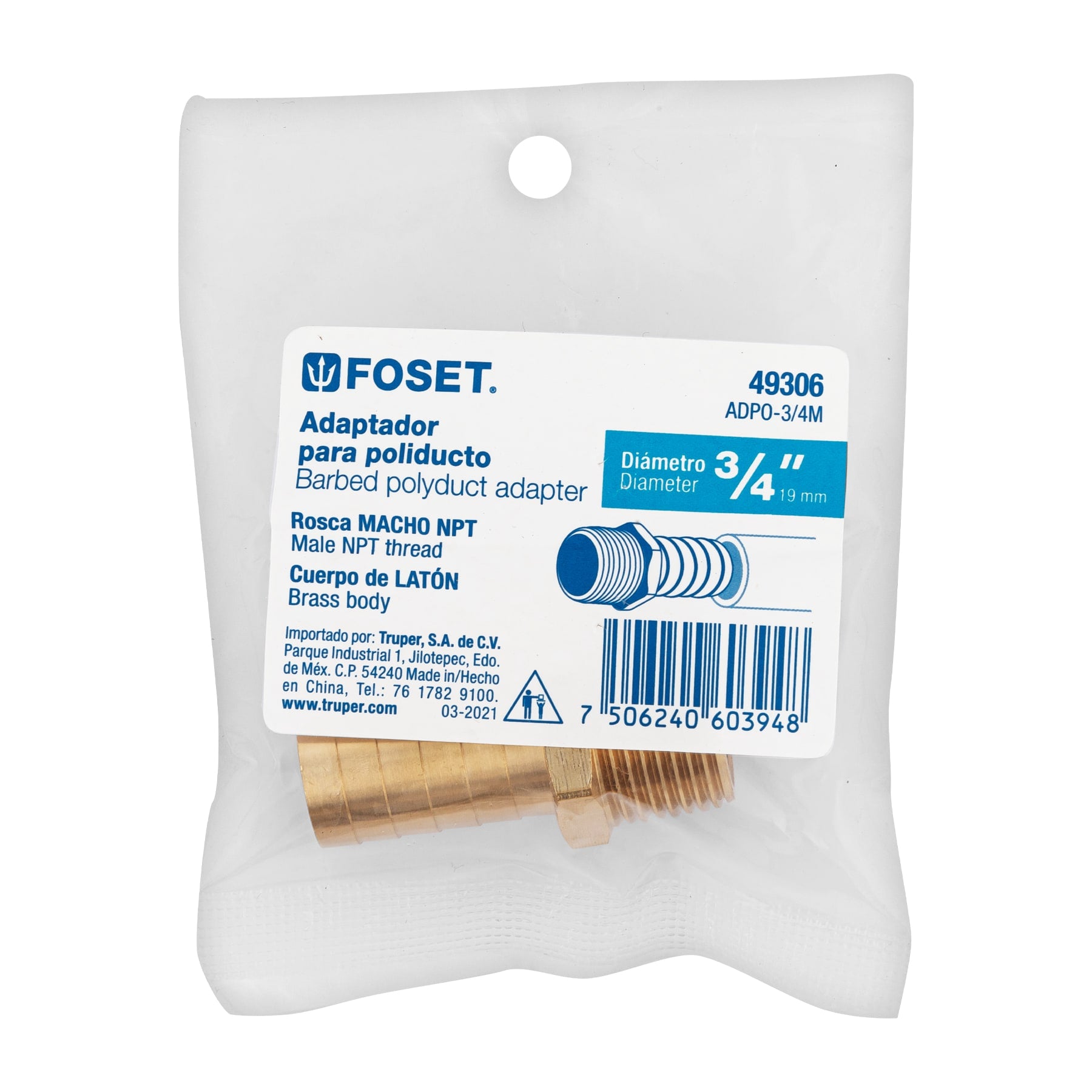 Adaptador macho de latón 3/4" para manguera, FOSET