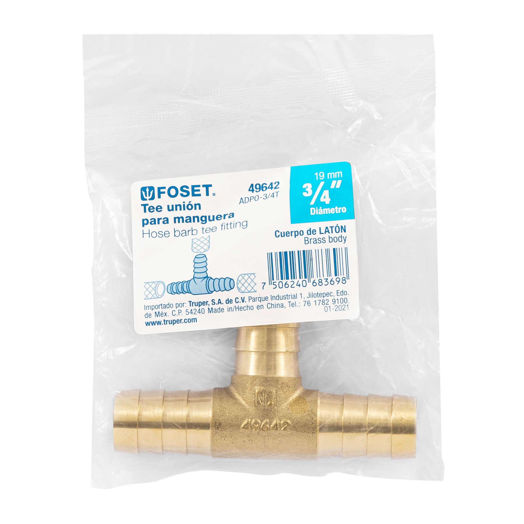 Tee inserción macho latón 3/4" para manguera, FOSET