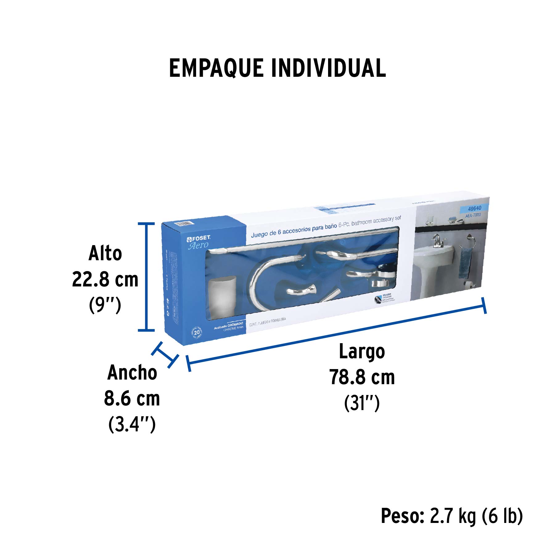 Juego de 6 accesorios para baño metálicos, FOSET AERO - Empaque