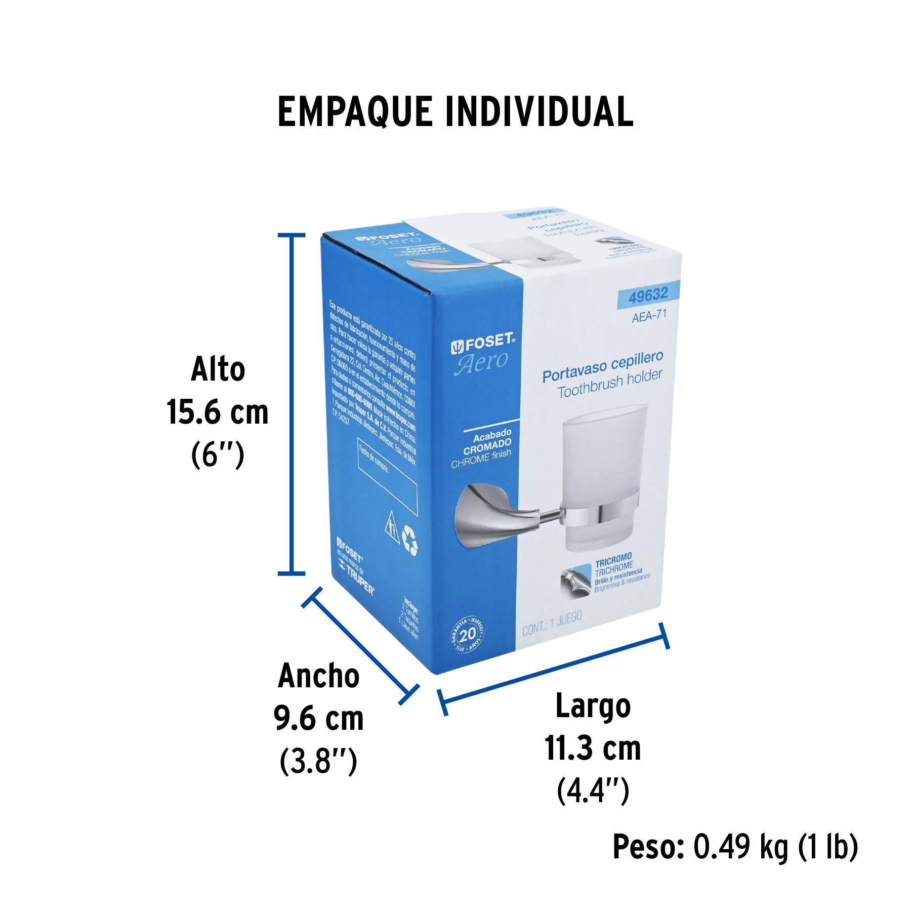 Portavaso cepillero metálico con vaso de vidrio, FOSET AERO - Empaque