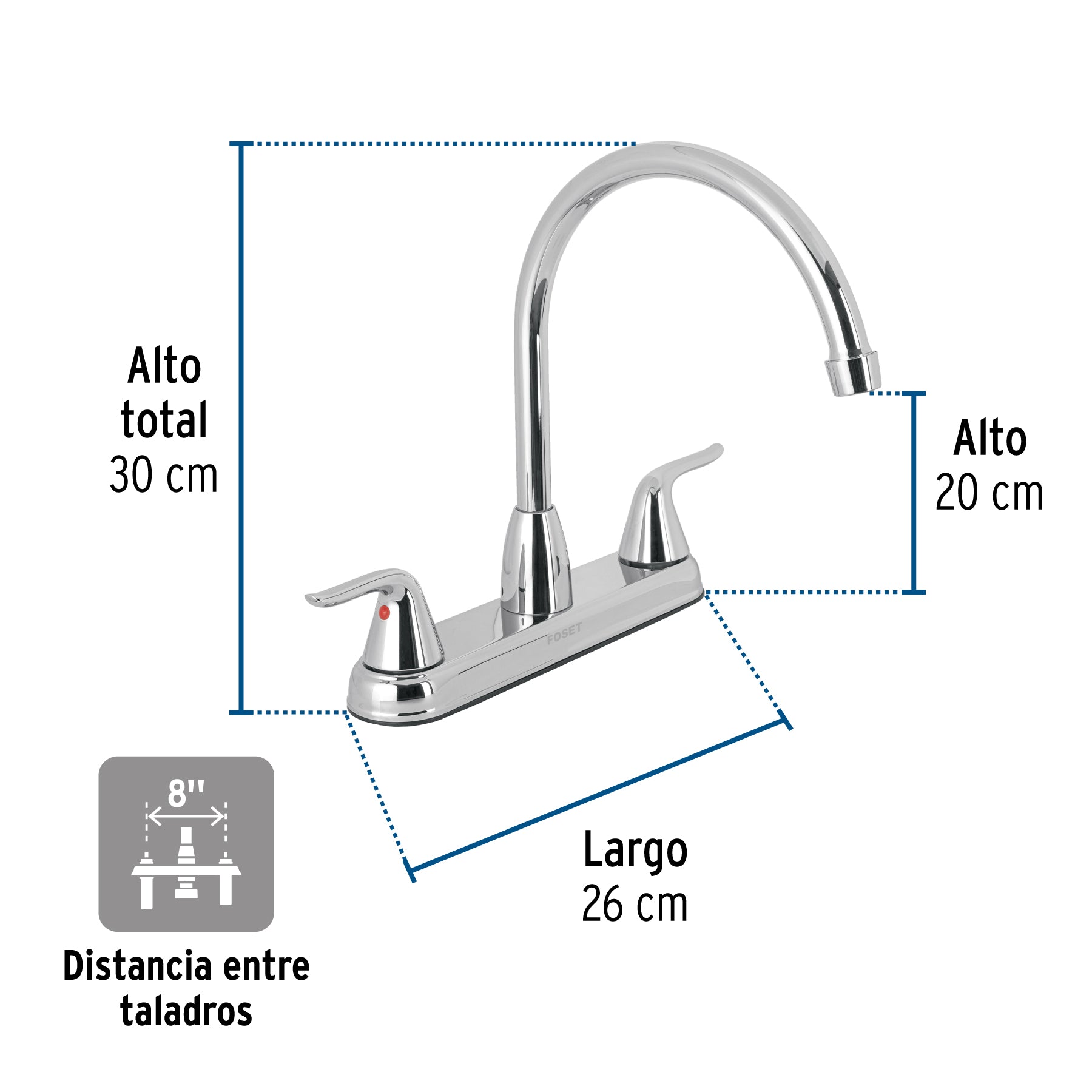 Mezcladora fregadero 8" cromo, c. largo, palanca, FOSET AERO