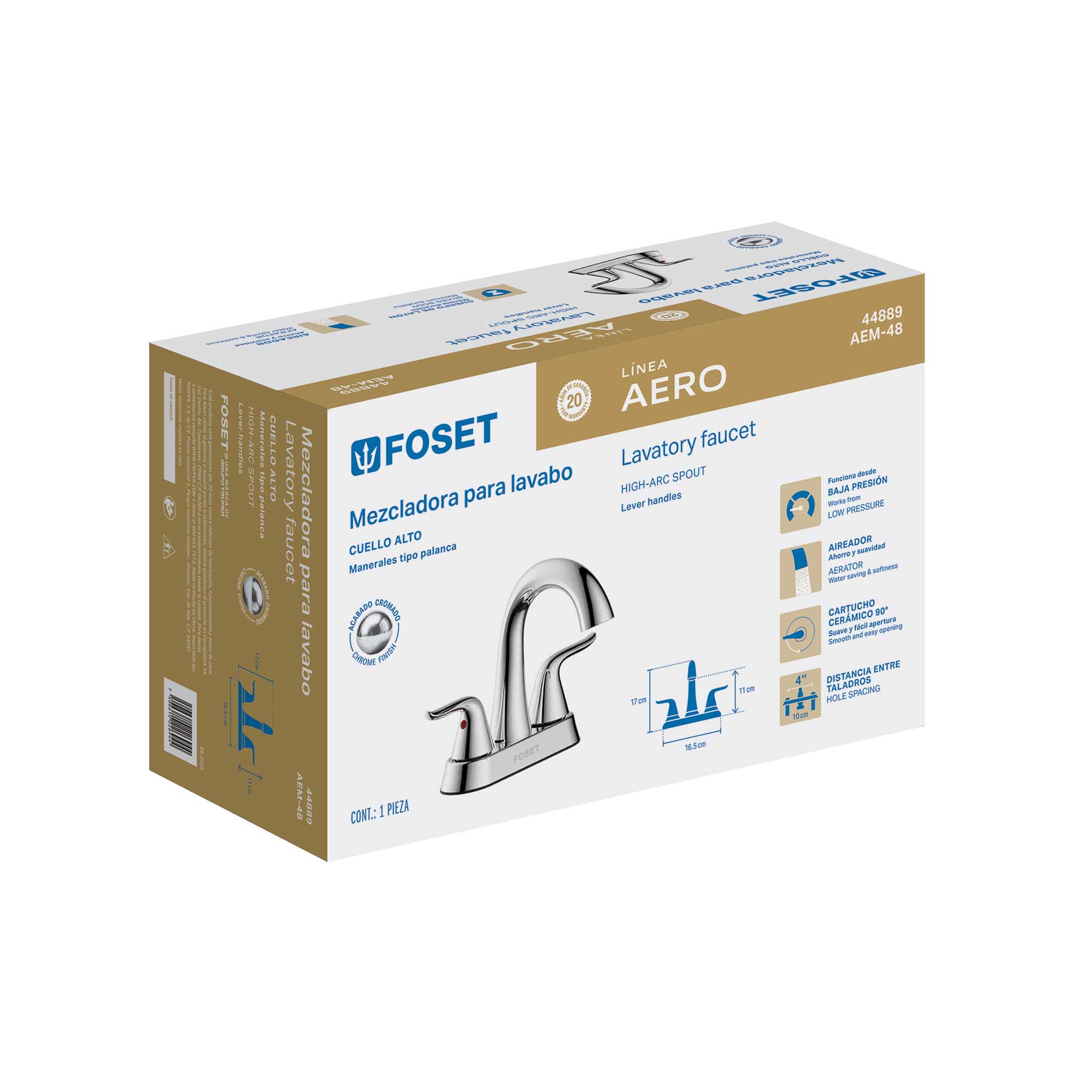 Mezcladora lavabo 4" cromo, cuello alto, palanca, FOSET AERO