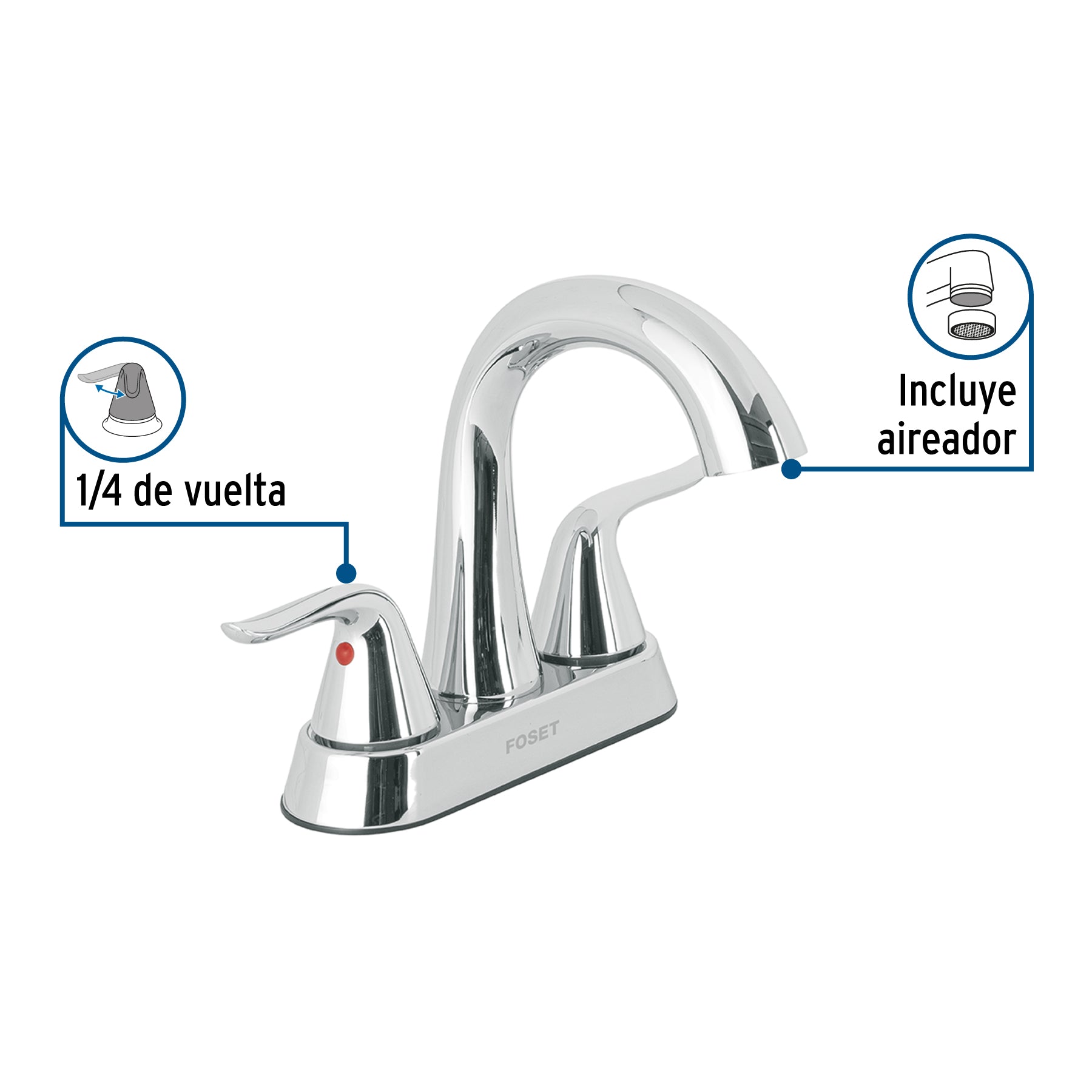 Mezcladora lavabo 4" cromo, cuello alto, palanca, FOSET AERO