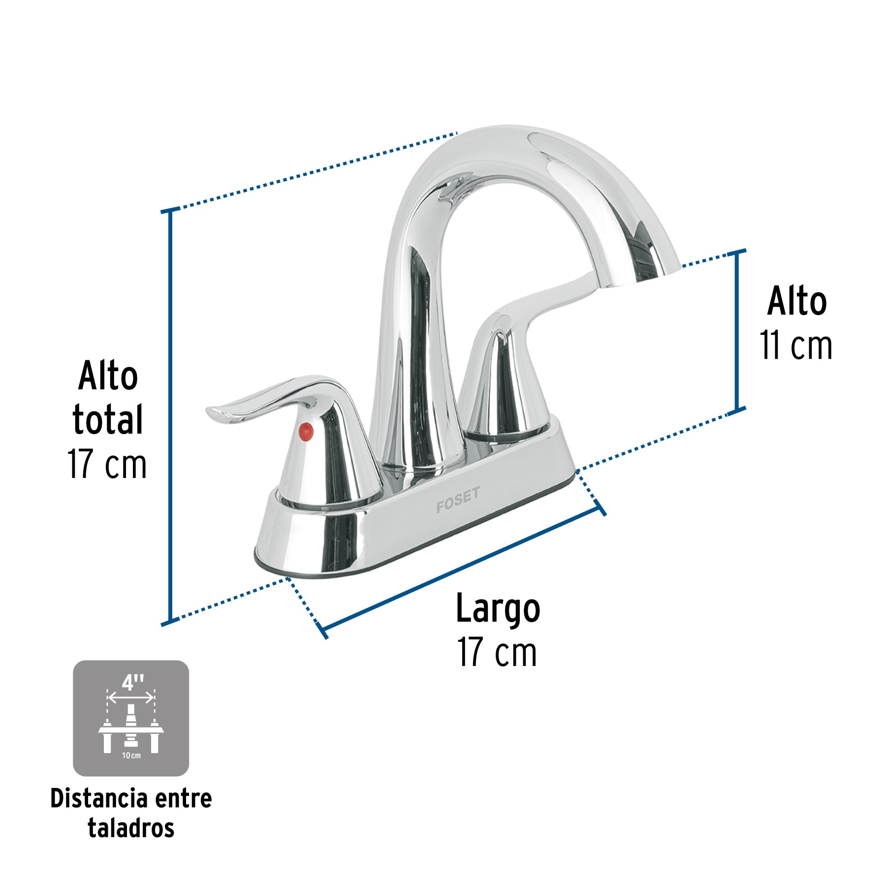 Mezcladora lavabo 4" cromo, cuello alto, palanca, FOSET AERO