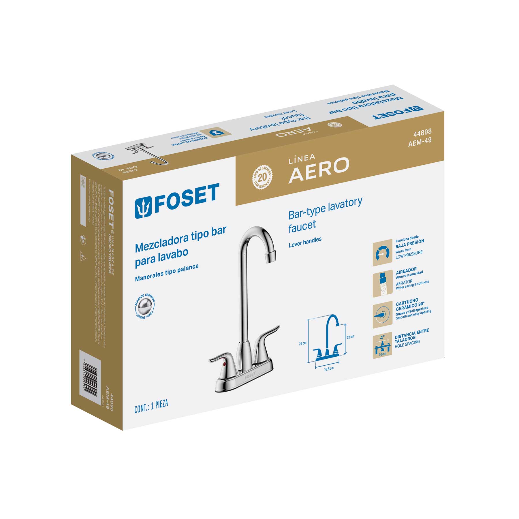 Mezcladora lavabo 4" cromo, tipo bar, palanca, FOSET AERO