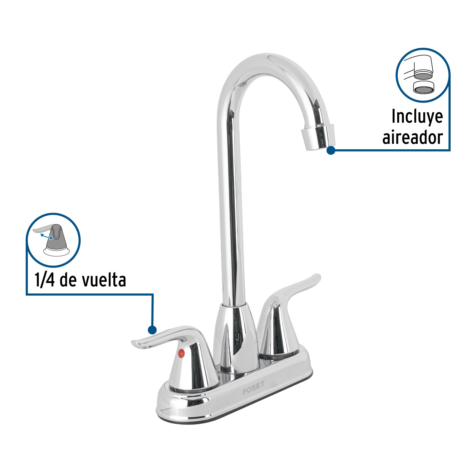 Mezcladora lavabo 4" cromo, tipo bar, palanca, FOSET AERO