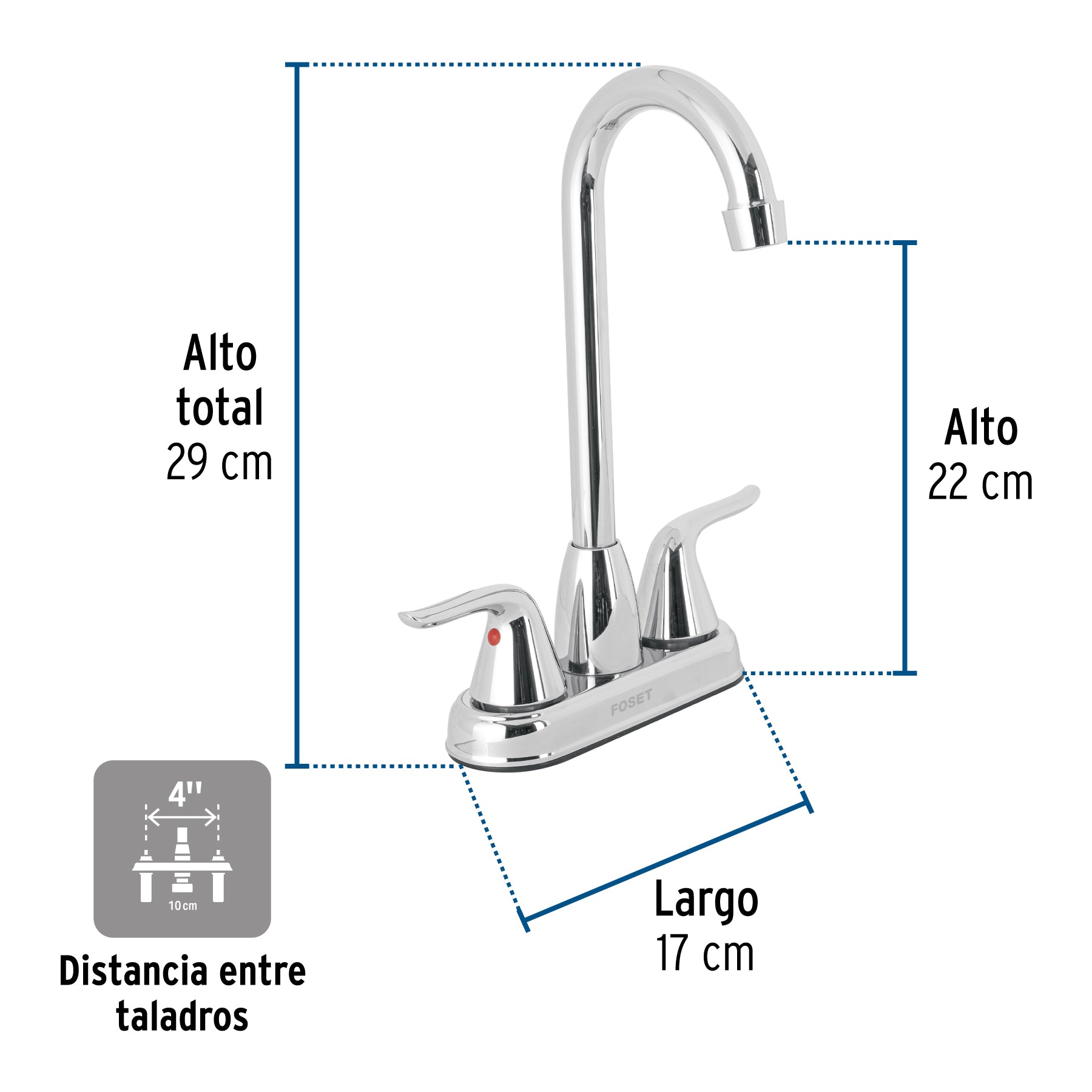 Mezcladora lavabo 4" cromo, tipo bar, palanca, FOSET AERO