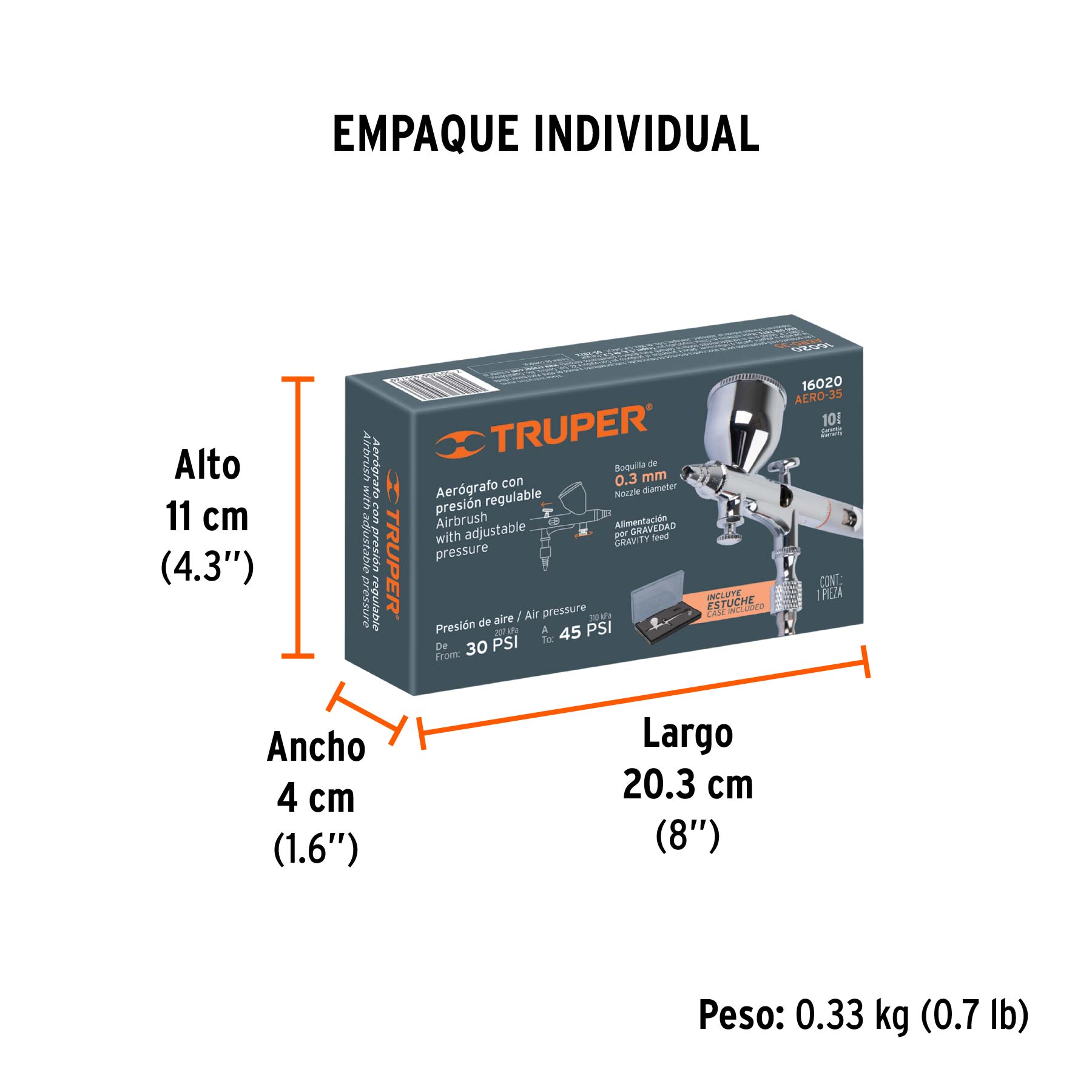 Pistola aerográfica de gravedad con vaso fijo, TRUPER - Empaque