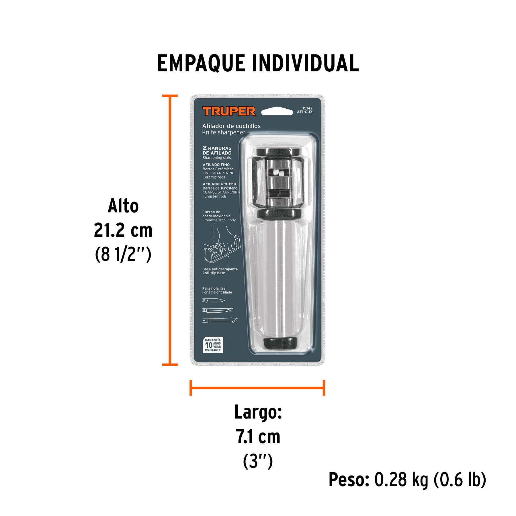 Afilador de cuchillos, cuerpo de acero inoxidable, TRUPER - Empaque